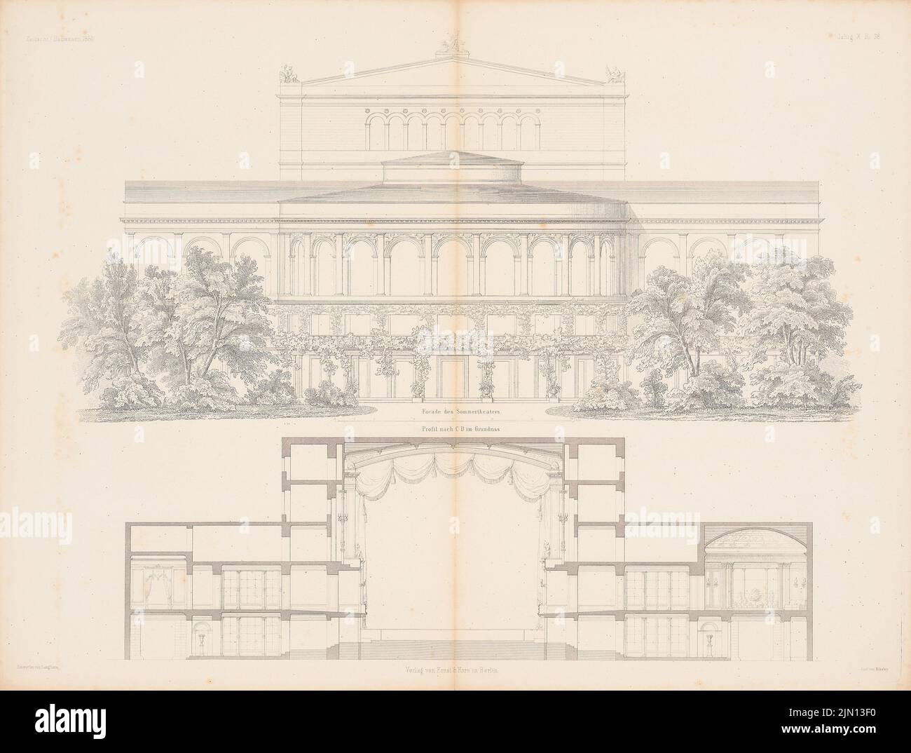 Langhans Carl Ferdinand (1782-1869), Victoria-Theater, Berlin. (Aus: Atlas zur Zeitschrift für Bauwesen, hrsg. v. G. Erbkam, Jg. 10, 1860.) (1860-1860): Sommertheater ansehen, Schnitt C D. Stich auf Papier, 45 x 59,3 cm (inkl. Kanten scannen) Langhans Carl Ferdinand (1782-1869): Victoria-Theater, Berlin. (Aus: Atlas zur Zeitschrift für Bauwesen, hrsg. v. G. Erbkam, Jg. 10, 1860) Stockfoto