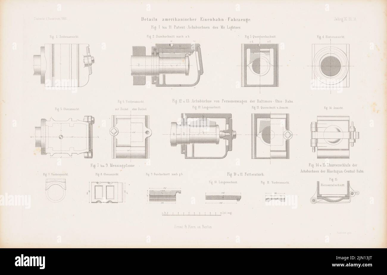 N.N., amerikanische Eisenbahnfahrzeuge. (Aus: Atlas zur Zeitschrift für Bauwesen, hrsg. v. G. Erbkam, Jg. 11, 1861.) (1861-1861): Details. Stich auf Papier, 29,2 x 45,3 cm (einschließlich Scankanten) N.N. : Amerikanische Eisenbahnfahrzeuge. (Aus: Atlas zur Zeitschrift für Bauwesen, hrsg. v. G. Erbkam, Jg. 11, 1861) Stockfoto