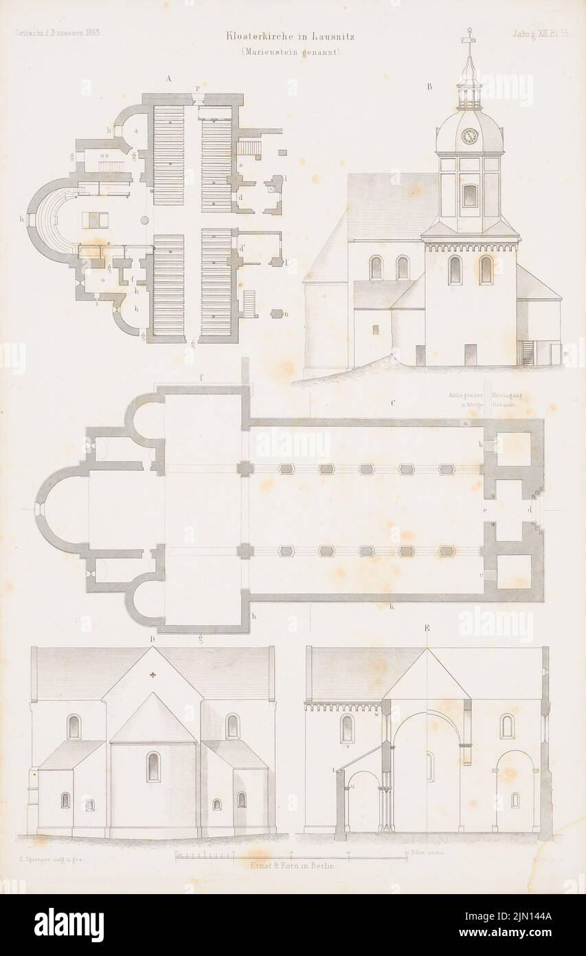 Sprenger E., Klosterkirche, Lausnitz. (Aus: Atlas zur Zeitschrift für Bauwesen, hrsg. v. G. Erbkam, Jg. 13, 1863.) (1863-1863): Grundrisse, Aussicht, Schnitt. Stich auf Papier, 45,1 x 29,7 cm (inklusive Scankanten) Sprenger E. : Klosterkirche, Lausnitz. (Aus: Atlas zur Zeitschrift für Bauwesen, hrsg. v. G. Erbkam, Jg. 13, 1863) Stockfoto