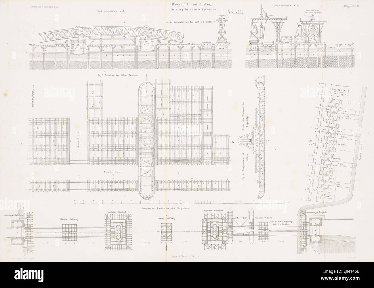 Hartwich Emil Hermann (1802-1879), Rheinbrücke, Koblenz. (Aus: Atlas zur Zeitschrift für Bauwesen, hrsg. v. G. Erbkam, Jg. 14, 1864): Details. Stich auf Papier, 44,9 x 64,2 cm (einschließlich Scankante). Architekturmuseum der Technischen Universität Berlin Inv. Nr. ZFB 14,055. Hartwich Emil Hermann (1802-1879): Rheinbrücke, Koblenz. (Aus: Atlas zur Zeitschrift für Bauwesen, hrsg. v. G. Erbkam, Jg. 14, 1864) Stockfoto