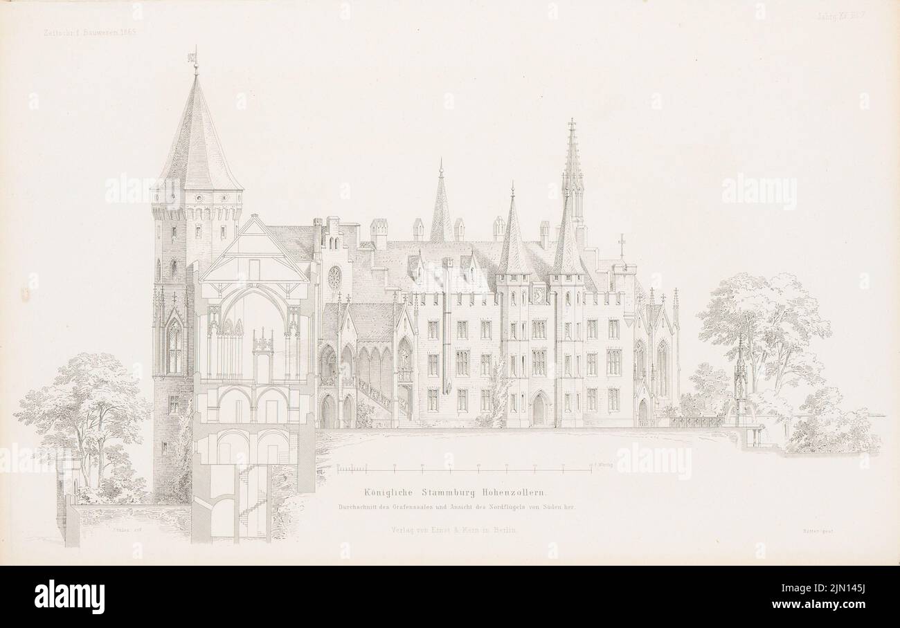 Stüler August (1800-1865), Königliche Stammburg Hohenzollern, Hechingen. (Aus: Atlas zur Zeitschrift für Bauwesen, hrsg. v. G. Erbkam, Jg. 15, 1865.) (1865-1865): Schnitt durch den Grafensaal, Blick Nordflügel von Süden. Stich auf Papier, 27,6 x 43,8 cm (inklusive Scanränder) Stüler Friedrich August (1800-1865): Königliche Stammburg Hohenzollern, Hechingen. (Aus: Atlas zur Zeitschrift für Bauwesen, hrsg. v. G. Erbkam, Jg. 15, 1865) Stockfoto