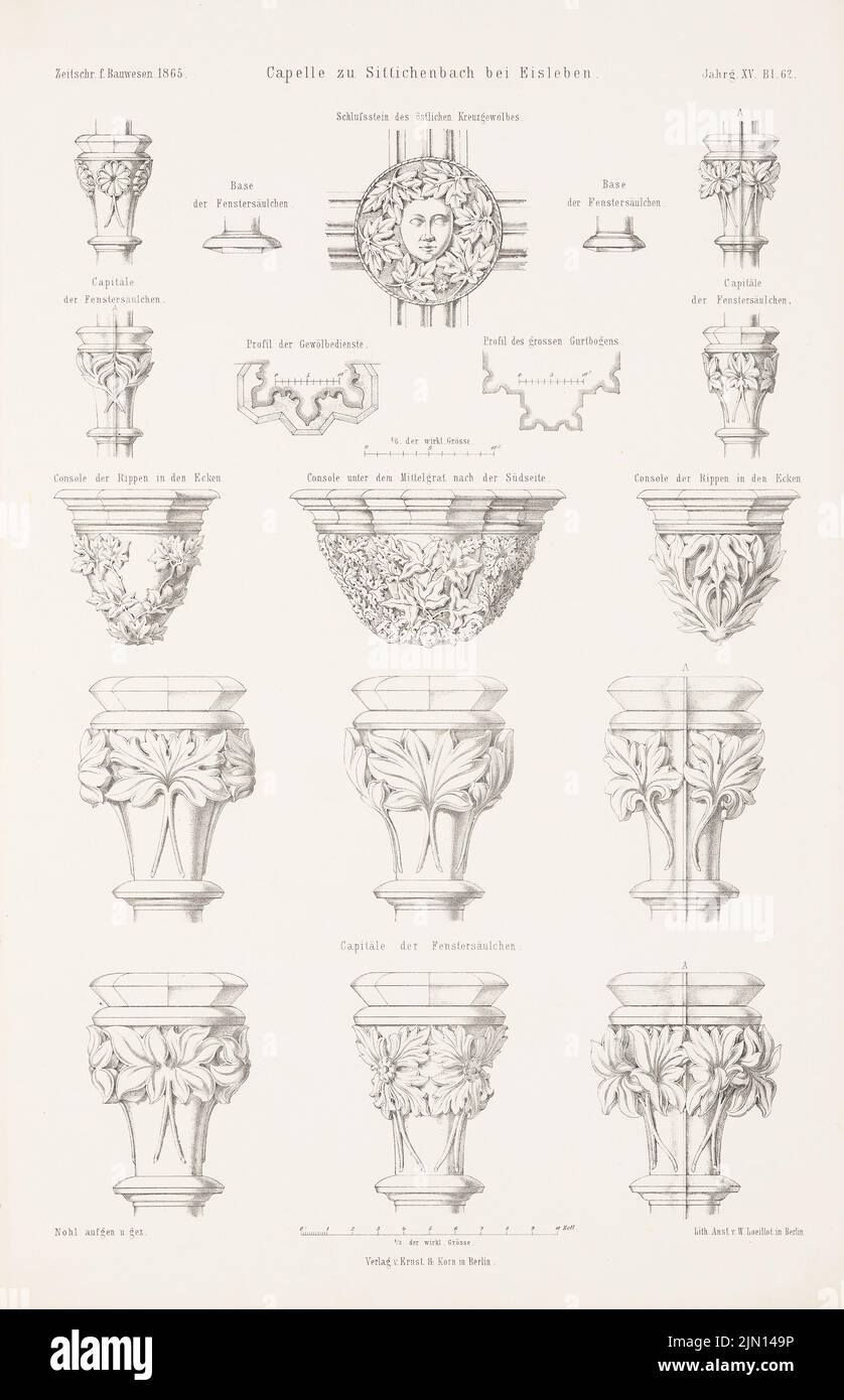 Nohl Maximilian (1830-1863), Kapelle, Sittichenbach. (Aus: Atlas zur Zeitschrift für Bauwesen, hrsg. v. G. Erbkam, Jg. 15, 1865.) (1865-1865): Details Großbuchstaben, Spalten. Stich auf Papier, 43,5 x 28,1 cm (inklusive Scan-Kanten) Nohl Maximilian (1830-1863): Kapelle, Sittichenbach. (Aus: Atlas zur Zeitschrift für Bauwesen, hrsg. v. G. Erbkam, Jg. 15, 1865) Stockfoto