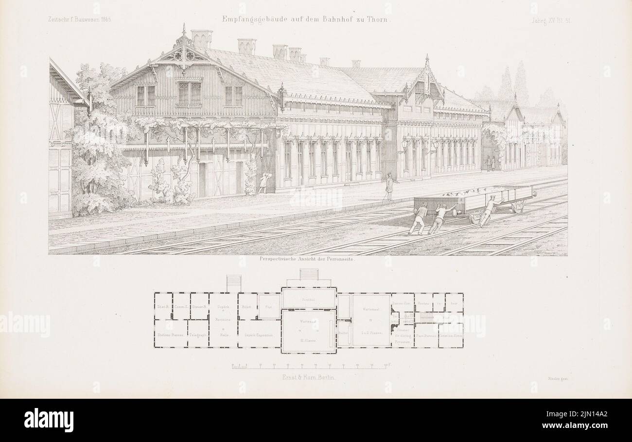 N.N., Empfangsgebäude am Bahnhof, Thorn. (Aus: Atlas zur Zeitschrift für Bauwesen, hrsg. v. G. Erbkam, Jg. 15, 1865.) (1865-1865): Grundriß, perspektivische Ansicht. Stich auf Papier, 27,7 x 43,8 cm (einschließlich Scankanten) N.N. : Empfangsgebäude auf dem Bahnhof, Thorn. (Aus: Atlas zur Zeitschrift für Bauwesen, hrsg. v. G. Erbkam, Jg. 15, 1865) Stockfoto