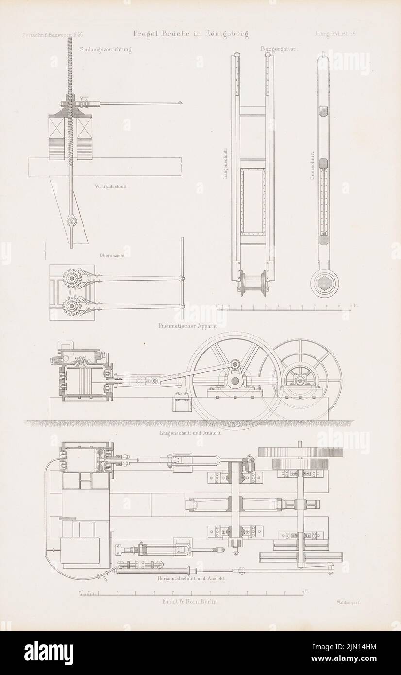 N.N., Pregel-Brücke, Königsberg. (Aus: Atlas zur Zeitschrift für Bauwesen, hrsg. v. G. Erbkam, Jg. 16, 1866.) (1866-1866): Details. Stich auf Papier, 44,2 x 28,1 cm (einschließlich Scankanten) N.N. : Pregelbrücke, Königsberg. (Aus: Atlas zur Zeitschrift für Bauwesen, hrsg. v. G. Erbkam, Jg. 16, 1866) Stockfoto