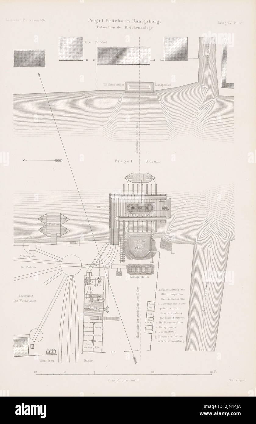 N.N., Pregel-Brücke, Königsberg. (Aus: Atlas zur Zeitschrift für Bauwesen, hrsg. v. G. Erbkam, Jg. 16, 1866.) (1866-1866): Lageplan. Stich auf Papier, 43,7 x 28,2 cm (einschließlich Scankanten) N.N. : Pregelbrücke, Königsberg. (Aus: Atlas zur Zeitschrift für Bauwesen, hrsg. v. G. Erbkam, Jg. 16, 1866) Stockfoto