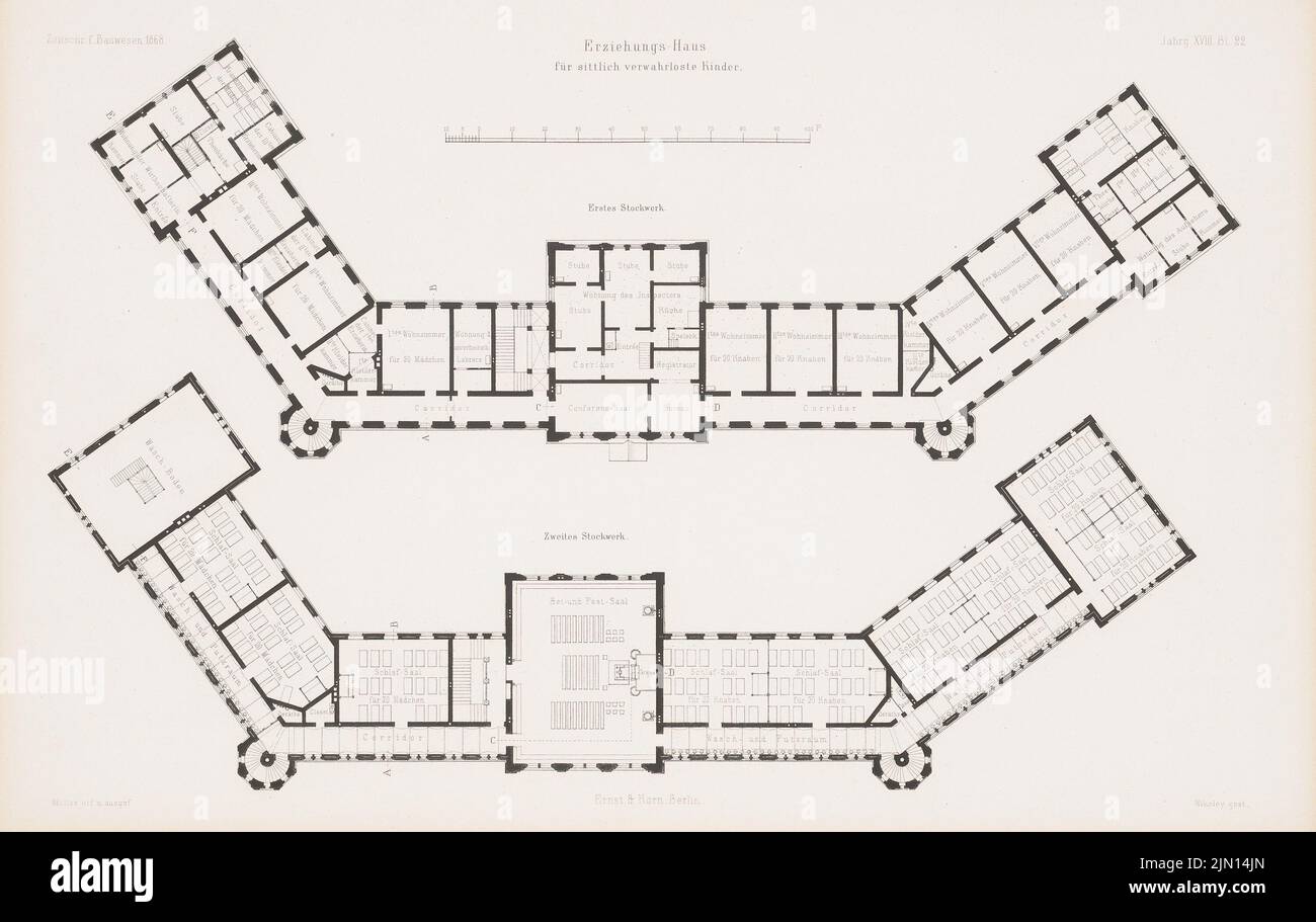 Möller Ernst (1858-1936), Bildungshaus für moralisch vernachlässigte Kinder. (Aus: Atlas zur Zeitschrift für Bauwesen, hrsg. v. G. Erbkam, Jg. 18, 1869.) (1868-1868): Grundriss 1.. Stock, 2.. Stock. Stich auf Papier, 27,8 x 44 cm (inklusive Scan-Kanten) Möller Gustav (1826-1881): Erziehungshaus für sittlich verwahrloste Kinder am Urban, Berlin-Kreuzberg. (Aus: Atlas zur Zeitschrift für Bauwesen, hrsg. v. G. Erbkam, Jg. 18, 1868) Stockfoto