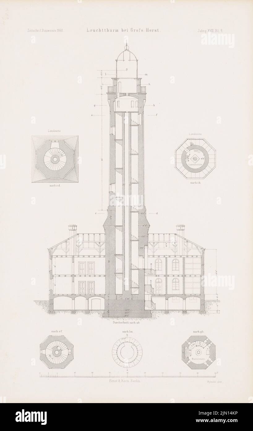 N.N., Leuchtturm, Großhorst. (Aus: Atlas zur Zeitschrift für Bauen, Hrsg. v. G. Erbkam, geboren 18, 1869.) (1868-1868): A B schneiden, Horizontale Schnitte. Stich auf Papier, 44,2 x 27,8 cm (einschließlich Scankanten) N.N. : Leuchtturm, Großhorst. (Aus: Atlas zur Zeitschrift für Bauwesen, hrsg. v. G. Erbkam, Jg. 18, 1868) Stockfoto