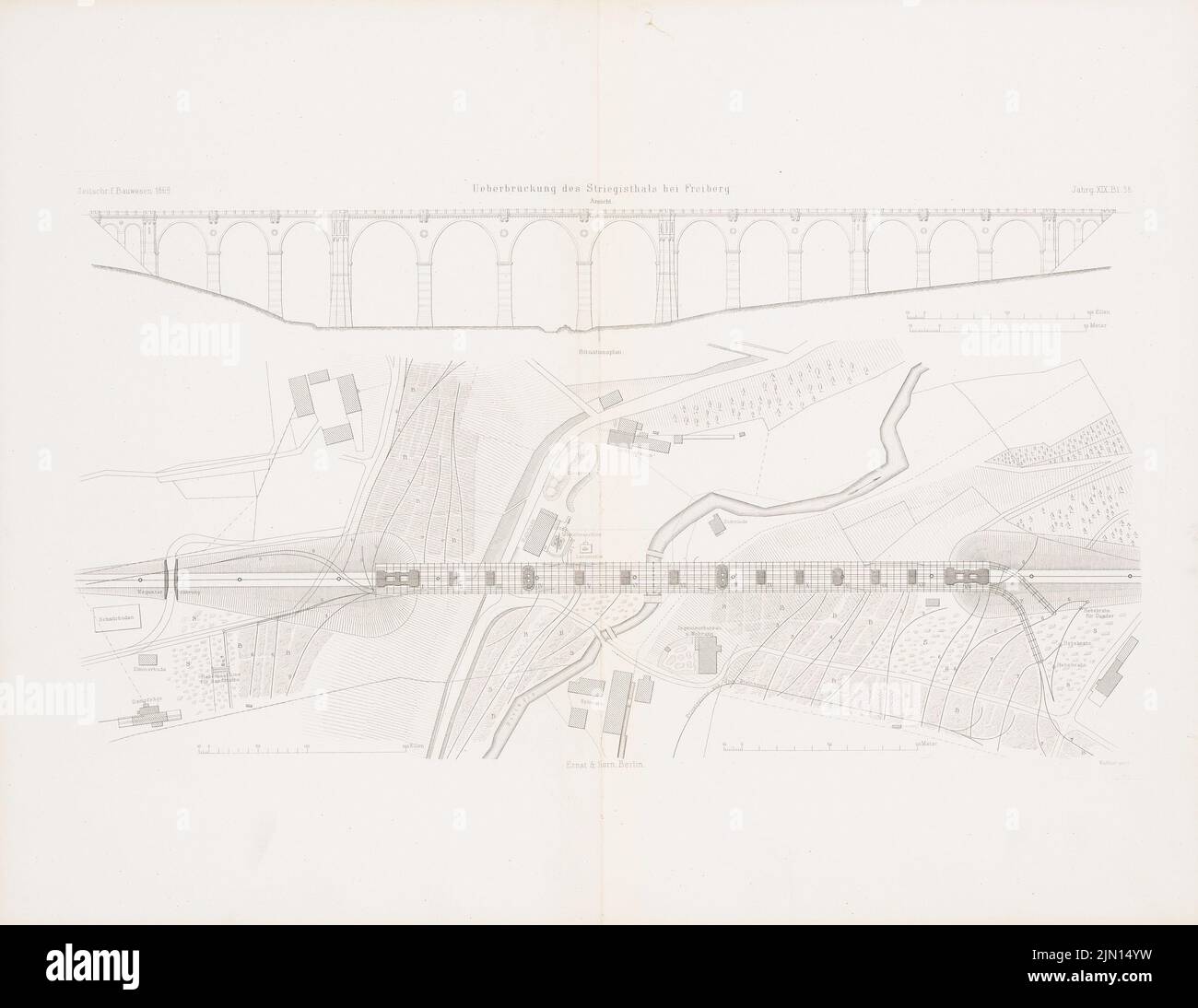 N.N., Überbrückung des Striegistals, Freiberg. (Aus: Atlas zur Zeitschrift für Bauwesen, hrsg. v. G. Erbkam, Jg. 19, 1869.) (1869-1869): Abteilung, Ansicht. Stich auf Papier, 43,4 x 56,2 cm (einschließlich Scankanten) N.N. : Überbrückung des Striegistals, Freiberg. (Aus: Atlas zur Zeitschrift für Bauwesen, hrsg. v. G. Erbkam, Jg. 19, 1869) Stockfoto