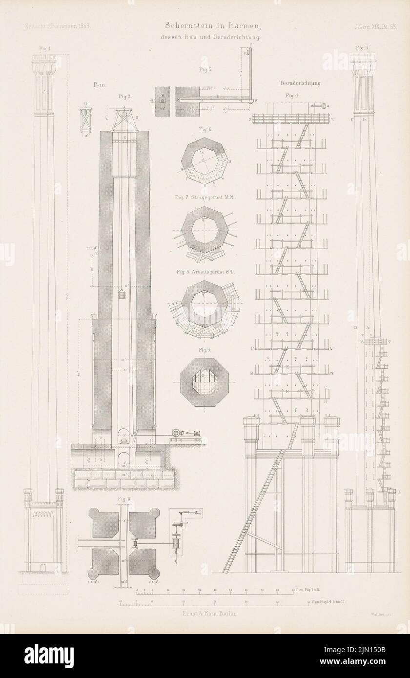 N.N., Schornstein, Barmen. (Aus: Atlas zur Zeitschrift für Bauen, Hrsg. v. G. Erbkam, geboren 19, 1869.) (1869-1869): Grundriß, Ansichten, vertikaler Schnitt, horizontale Schnitte. Stich auf Papier, 44,1 x 28,5 cm (einschließlich Scankanten) N.N. : Schornstein, Barmen. (Aus: Atlas zur Zeitschrift für Bauwesen, hrsg. v. G. Erbkam, Jg. 19, 1869) Stockfoto