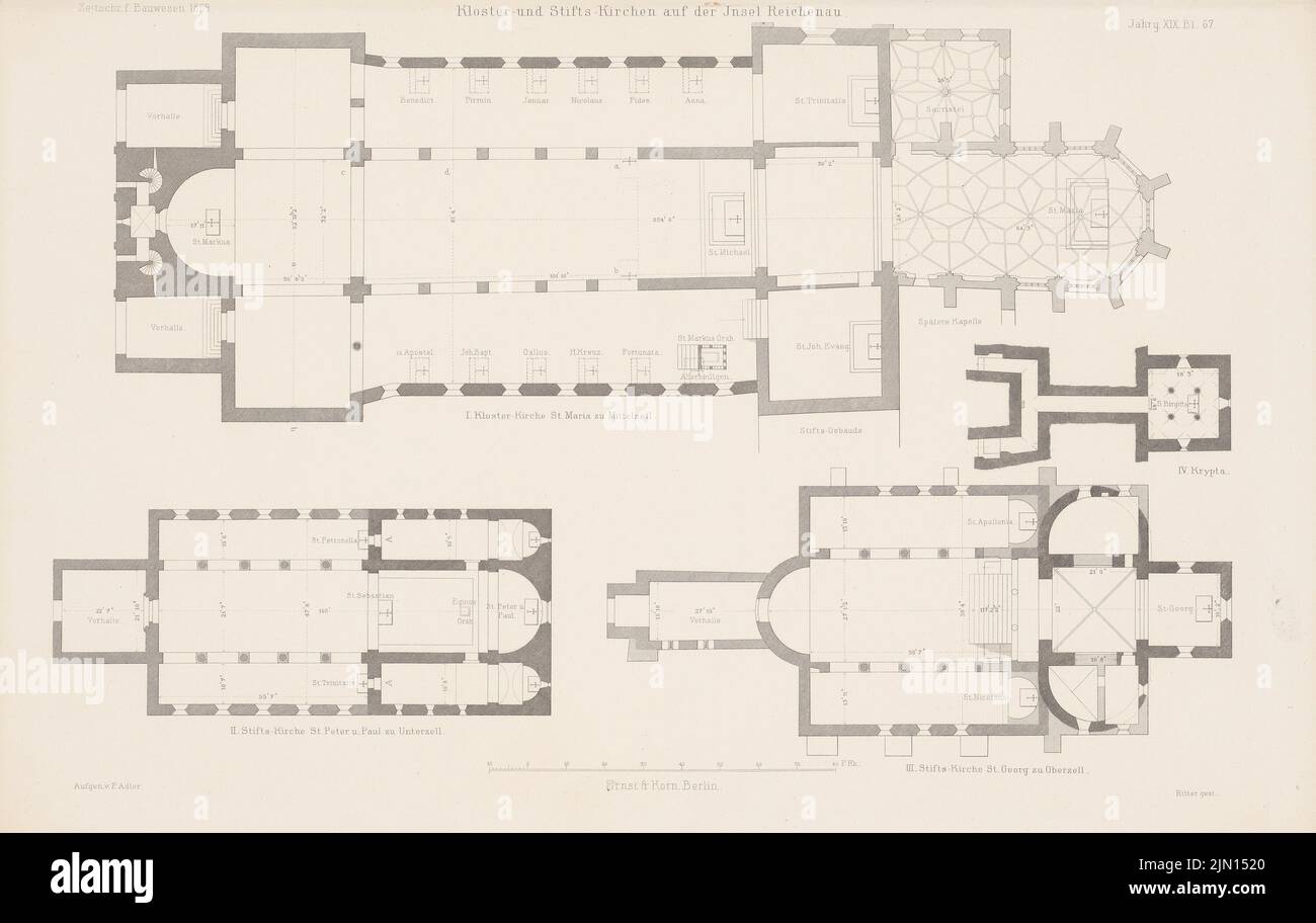 Adler Friedrich (1827-1908), Klosterkirche Mittelzell, St. Georg, Oberzell, Stiftskirche Unterzell, Reichenau. (Aus: Atlas zur Zeitschrift für Bauwesen, hrsg. v. G. Erbkam, Jg. 19 (1869-1869): Grundrisse. Stich auf Papier, 27,8 x 43,9 cm (inkl. Kanten scannen) Adler Friedrich (1827-1908): Klosterkirche Mittelzell, St. Georg, Oberzell, Stiftskirche Unterzell, Reichenau. (Aus: Atlas zur Zeitschrift für Bauwesen, hrsg. v. G. Erbkam, Jg. 19, 1869) Stockfoto