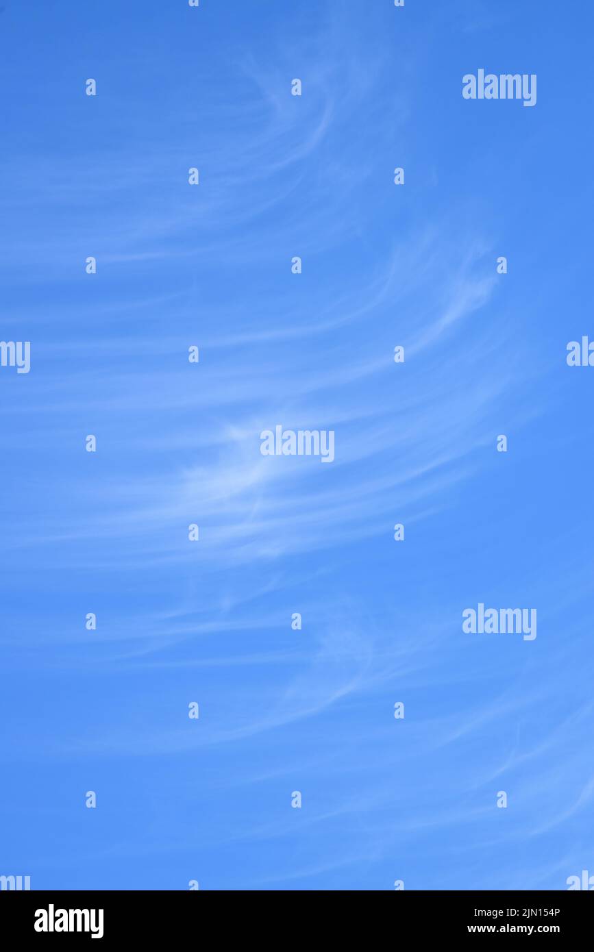Flauschige weiße Zirruswolken am klaren blauen Himmel Stockfoto