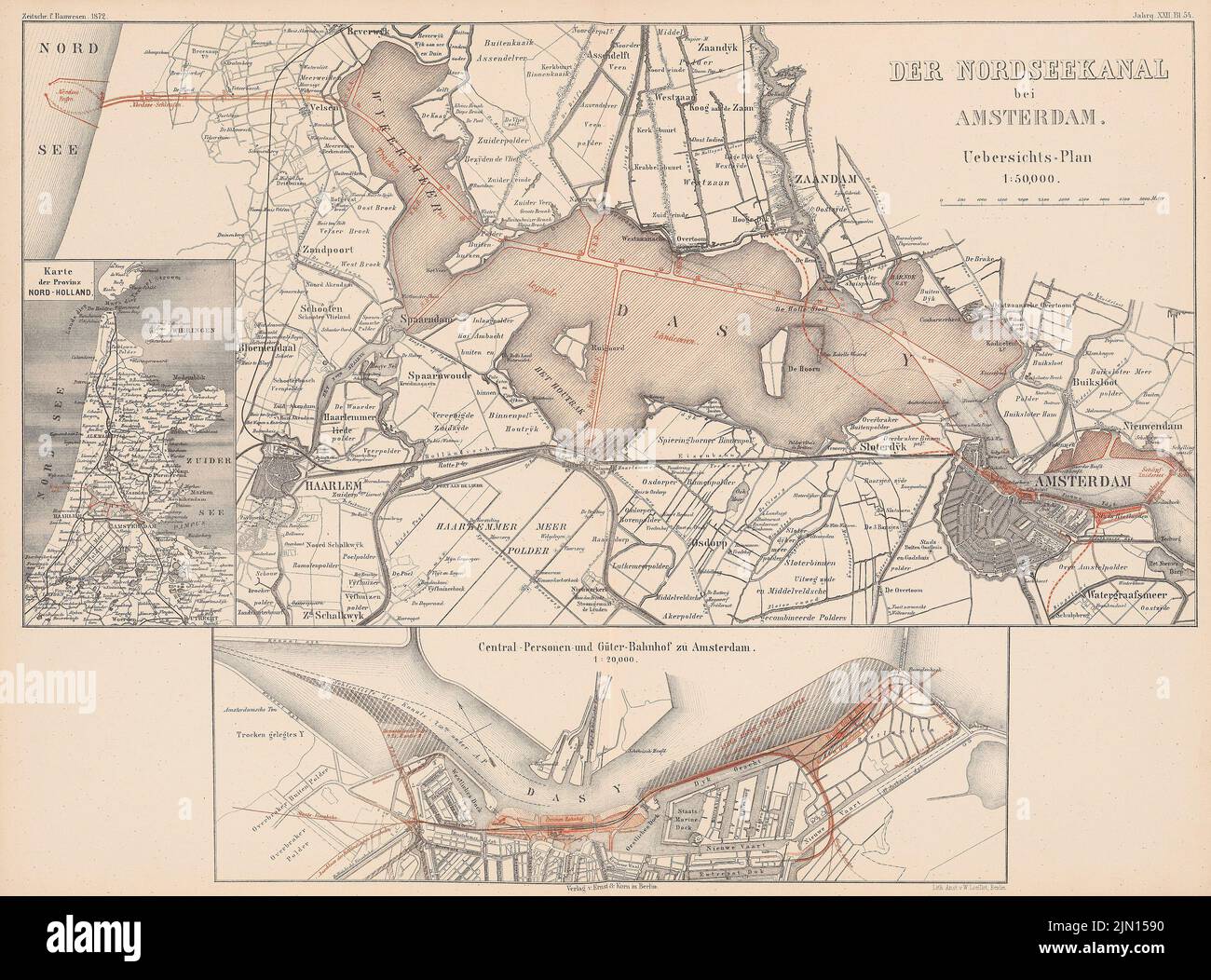 N.N., Nordseekanal bei Amsterdam. (Aus: Atlas zur Zeitschrift für Bauen, Hrsg. v. G. Erbkam, geboren 22, 1872.) (1872-1872): Farbdruck auf Papier, 43,5 x 58,8 cm (einschließlich Scankanten) N.N. : Nordseekanal bei Amsterdam. (Aus: Atlas zur Zeitschrift für Bauwesen, hrsg. v. G. Erbkam, Jg. 22, 1872) Stockfoto