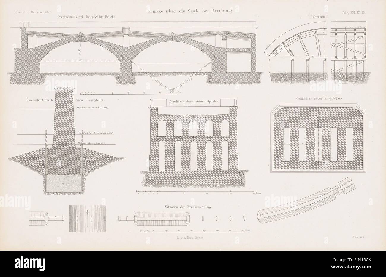 N.N., Brücke über die Saale, Bernburg. (Aus: Atlas zur Zeitschrift für Bauwesen, hrsg. v. G. Erbkam, Jg. 17, 1867.) (1867-1867): Schnitte, Details. Stich auf Papier, 28,6 x 44 cm (einschließlich Scankanten) N.N. : Brücke über die Saale, Bernburg. (Aus: Atlas zur Zeitschrift für Bauwesen, hrsg. v. G. Erbkam, Jg. 17, 1867) Stockfoto