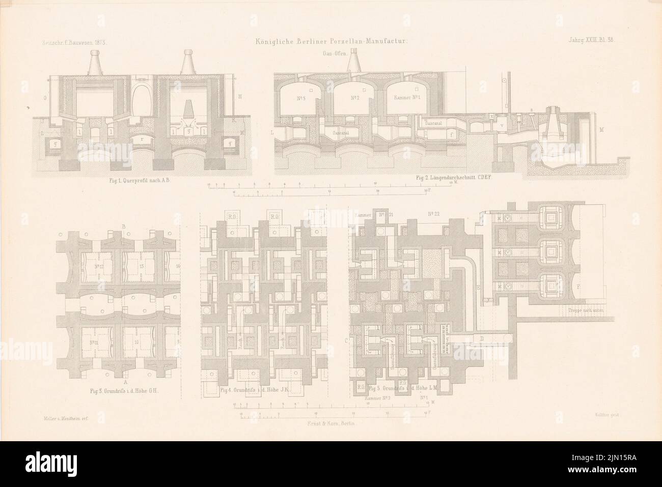 Möller Ernst (1858-1936), Königliche Porzellan Manufaktur, Berlin. (Aus: Atlas zur Zeitschrift für Bauwesen, hrsg. v. G. Erbkam, Jg. 23, 1873.) (1873-1873): Grundrisse, Querschnitt, Längsschnitt. Stich auf Papier, 29,6 x 44,4 cm (inklusive Scankanten) Möller Gustav (1826-1881): Königliche Porzellan-Manufaktur, Berlin. (Aus: Atlas zur Zeitschrift für Bauwesen, hrsg. v. G. Erbkam, Jg. 23, 1873) Stockfoto