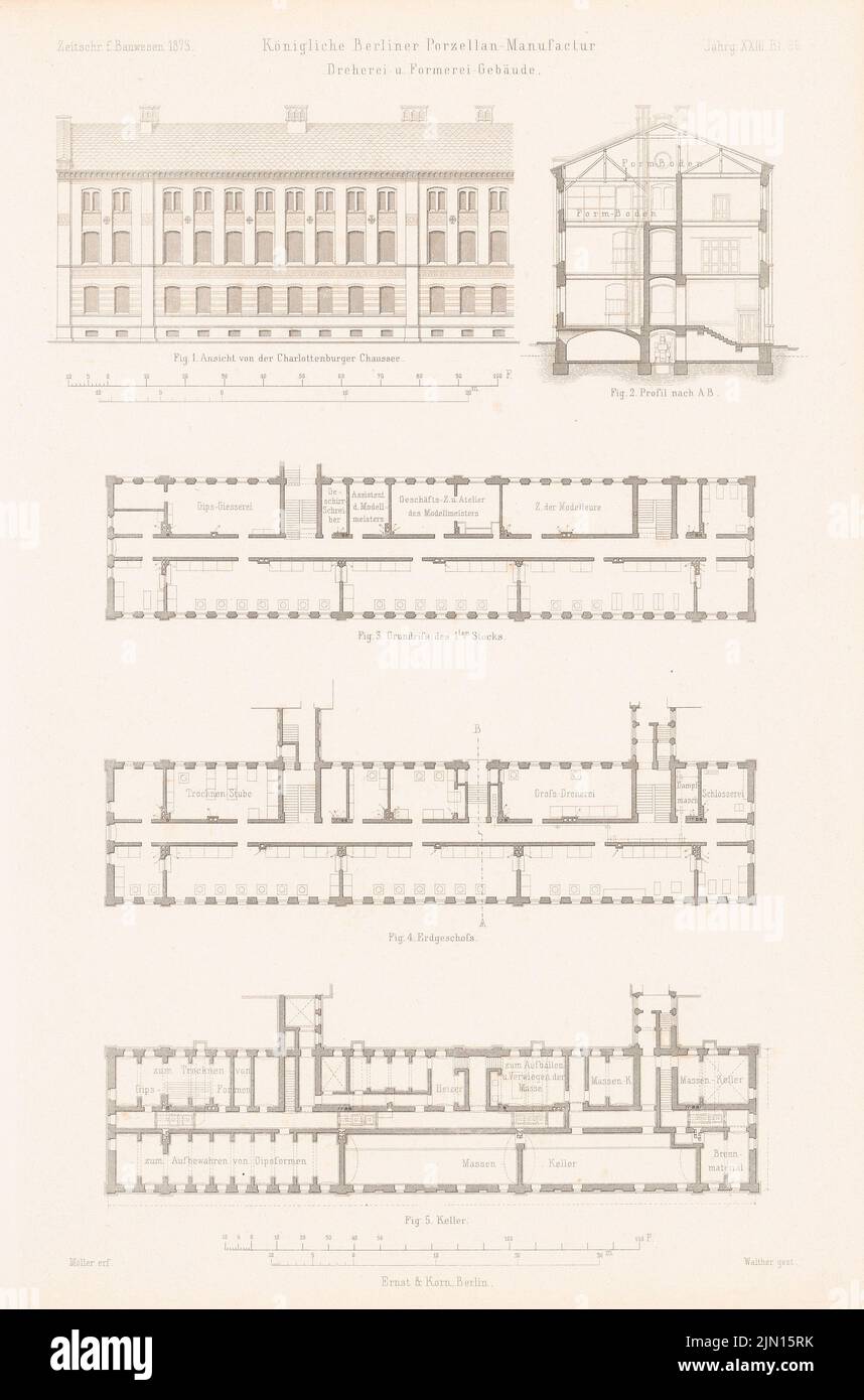 Möller Ernst (1858-1936), Königliche Porzellan Manufaktur, Berlin. (Aus: Atlas zur Zeitschrift für Bauwesen, hrsg. v. G. Erbkam, Jg. 23, 1873.) (1873-1873): Grundriss Keller, EG, 1.. Stock, Blick auf die Charlottenburger Chaussee, Schnitt A B Formergebau. Stich auf Papier, 43,6 x 28,8 cm (inklusive Scankanten) Möller Gustav (1826-1881): Königliche Porzellan-Manufaktur, Berlin. (Aus: Atlas zur Zeitschrift für Bauwesen, hrsg. v. G. Erbkam, Jg. 23, 1873) Stockfoto