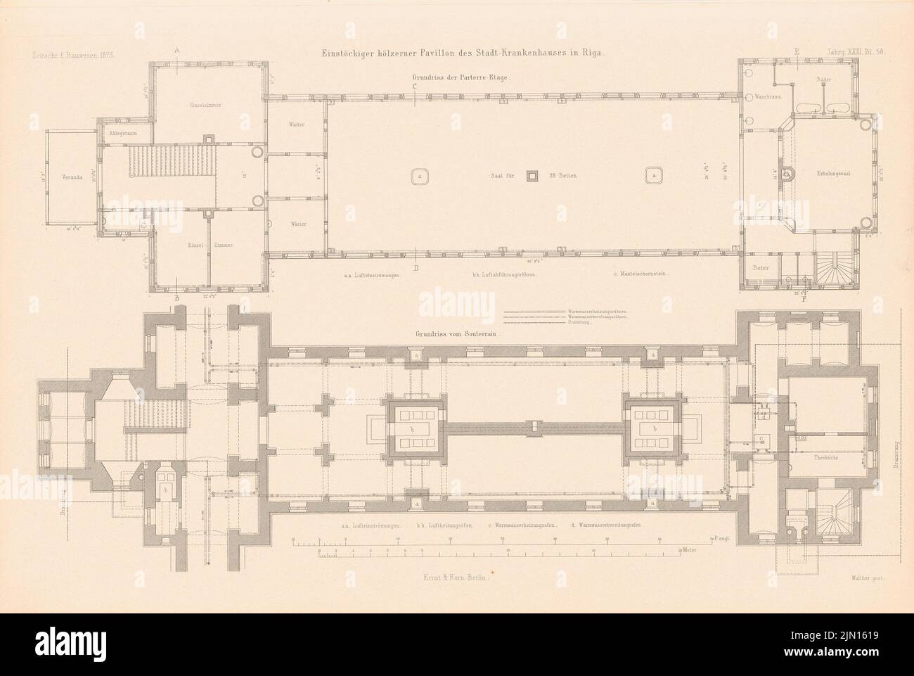 N.N., Stadtkrankenhaus, Riga. (Aus: Atlas zur Zeitschrift für Bauwesen, hrsg. v. G. Erbkam, Jg. 23, 1873.) (1873-1873): Grundriss Keller, EG. Stich auf Papier, 29,7 x 44,2 cm (einschließlich Scankanten) N.N. : Stadtkrankenhaus, Riga. (Aus: Atlas zur Zeitschrift für Bauwesen, hrsg. v. G. Erbkam, Jg. 23, 1873) Stockfoto