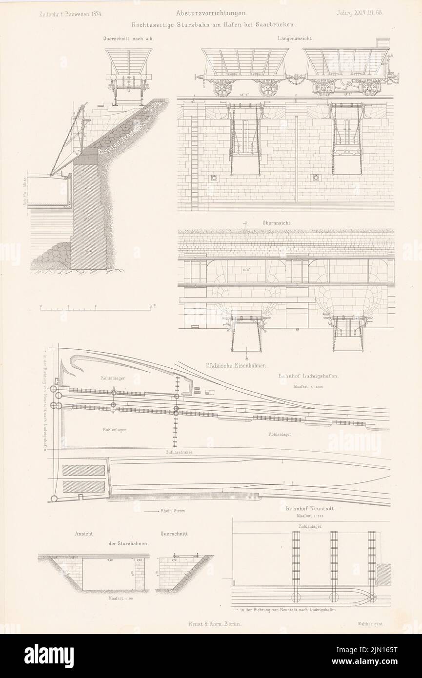 N.N., Fallgeräte im Hafen, Saarbrücken. (Aus: Atlas zur Zeitschrift für Bauwesen, hrsg. v. G. Erbkam, Jg. 24, 1874.) (1874-1874): Grundriß, Aussicht, Schnitt, Details. Stich auf Papier, 43,6 x 29 cm (einschließlich Scankanten) N.N. : Störvorrichtungen im Hafen, Saarbrücken. (Aus: Atlas zur Zeitschrift für Bauwesen, hrsg. v. G. Erbkam, Jg. 24, 1874) Stockfoto