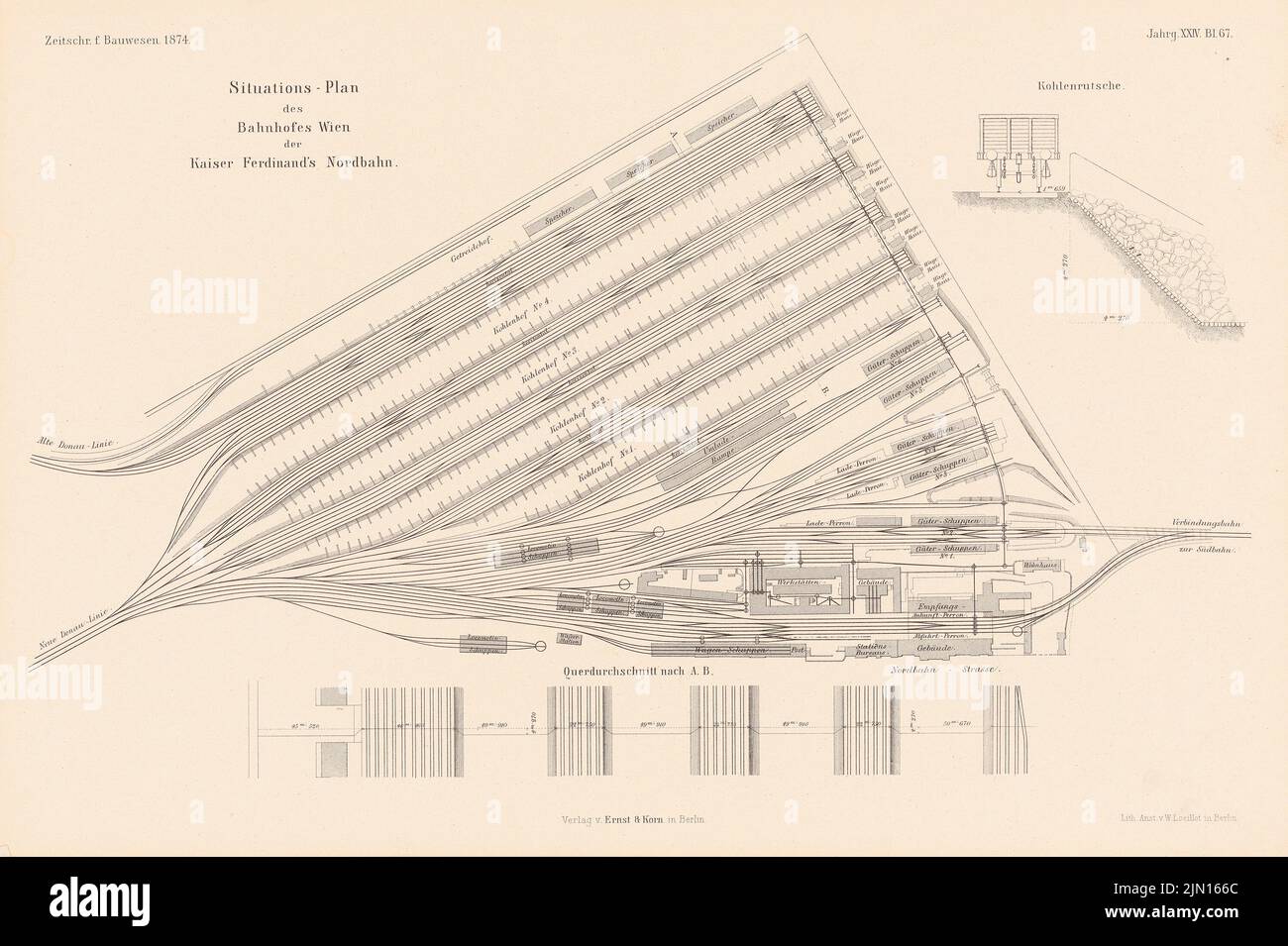 N.N., Bahnhof, Wien. (Aus: Atlas zur Zeitschrift für Bauwesen, hrsg. v. G. Erbkam, Jg. 24, 1874.) (1874-1874): Lageplan, Schnitt A B, Detail. Stich auf Papier, 28,8 x 43,3 cm (einschließlich Scankanten) N.N. : Bahnhof, Wien. (Aus: Atlas zur Zeitschrift für Bauwesen, hrsg. v. G. Erbkam, Jg. 24, 1874) Stockfoto
