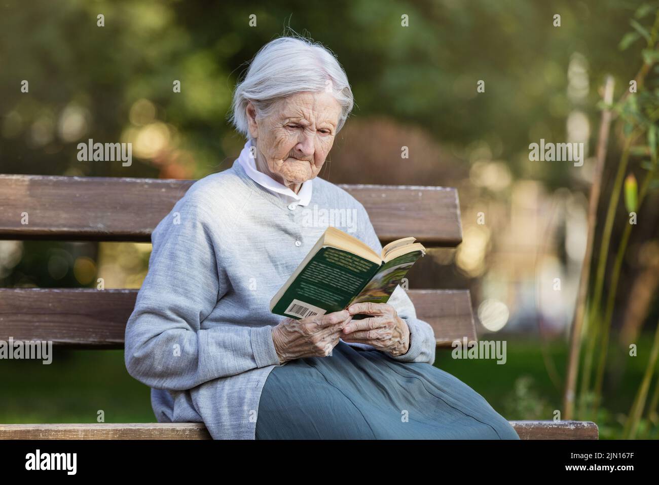 Porträt einer älteren Frau auf der Bank im Park, die ein Buch liest Stockfoto