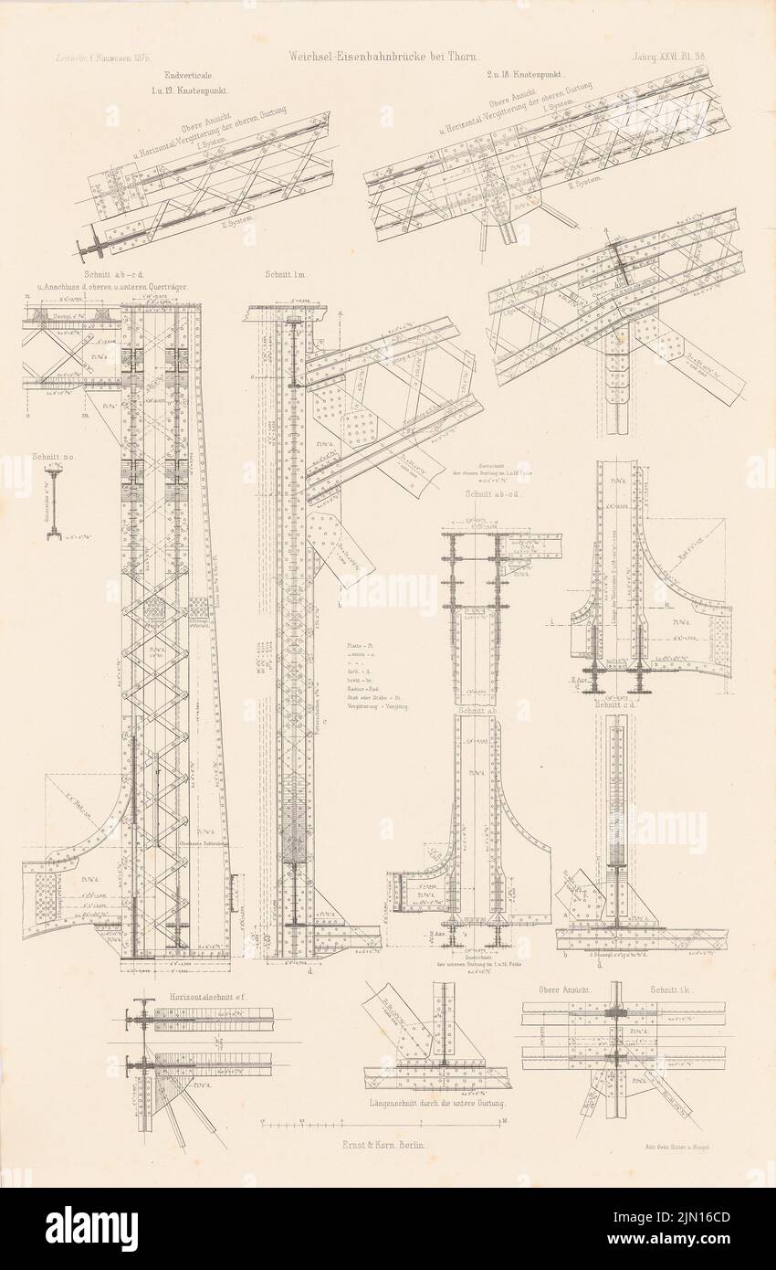 Strack Heinrich (1841-1912), Thorn-Insterburger Bahn. Weichselbrücke bei Thorn. (Aus: Atlas zur Zeitschrift für Gebäude, hrsg. v. F. Endell, Jg. 26, 1876.) (1876-1876): Details. Stich auf Papier, 45,7 x 29,9 cm (inklusive Scankanten) Strack Heinrich (1841-1912): Thorn-Insterburger Eisenbahn. Weichselbrücke, Thorn. (Aus: Atlas zur Zeitschrift für Bauwesen, hrsg. v. F. Endell, Jg. 26, 1876) Stockfoto