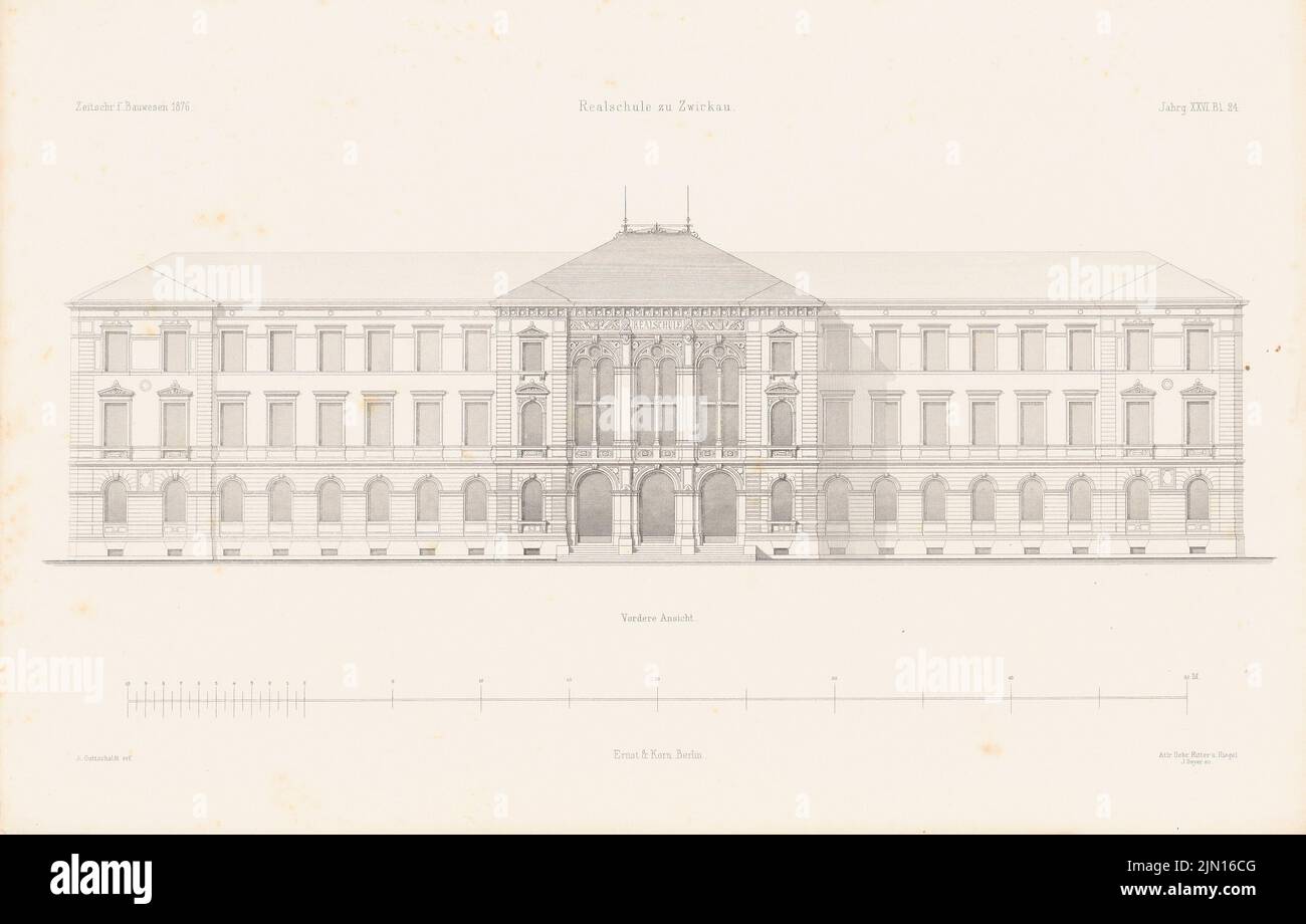 Gottschaldt A., Realschule, Zwickau. (Aus: Atlas zur Zeitschrift für Gebäude, hrsg. v. F. Endell, Jg. 26, 1876.) (1876-1876): Blick von vorne. Stich auf Papier, 29,1 x 45,6 cm (inklusive Scankanten) Gottschaldt Alwin (1834-1924): Realschule, Zwickau. (Aus: Atlas zur Zeitschrift für Bauwesen, hrsg. v. F. Endell, Jg. 26, 1876) Stockfoto