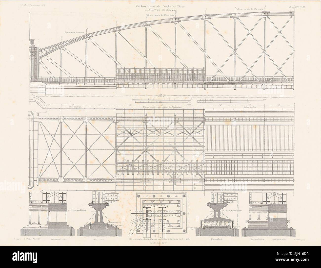 Strack Heinrich (1841-1912), Thorn-Insterburger Bahn. Weichselbrücke bei Thorn. (Aus: Atlas zur Zeitschrift für Gebäude, hrsg. v. F. Endell, Jg. 26, 1876.) (1876-1876): Details. Stich auf Papier, 45,8 x 60 cm (inklusive Scankanten) Strack Heinrich (1841-1912): Thorn-Insterburger Eisenbahn. Weichselbrücke, Thorn. (Aus: Atlas zur Zeitschrift für Bauwesen, hrsg. v. F. Endell, Jg. 26, 1876) Stockfoto