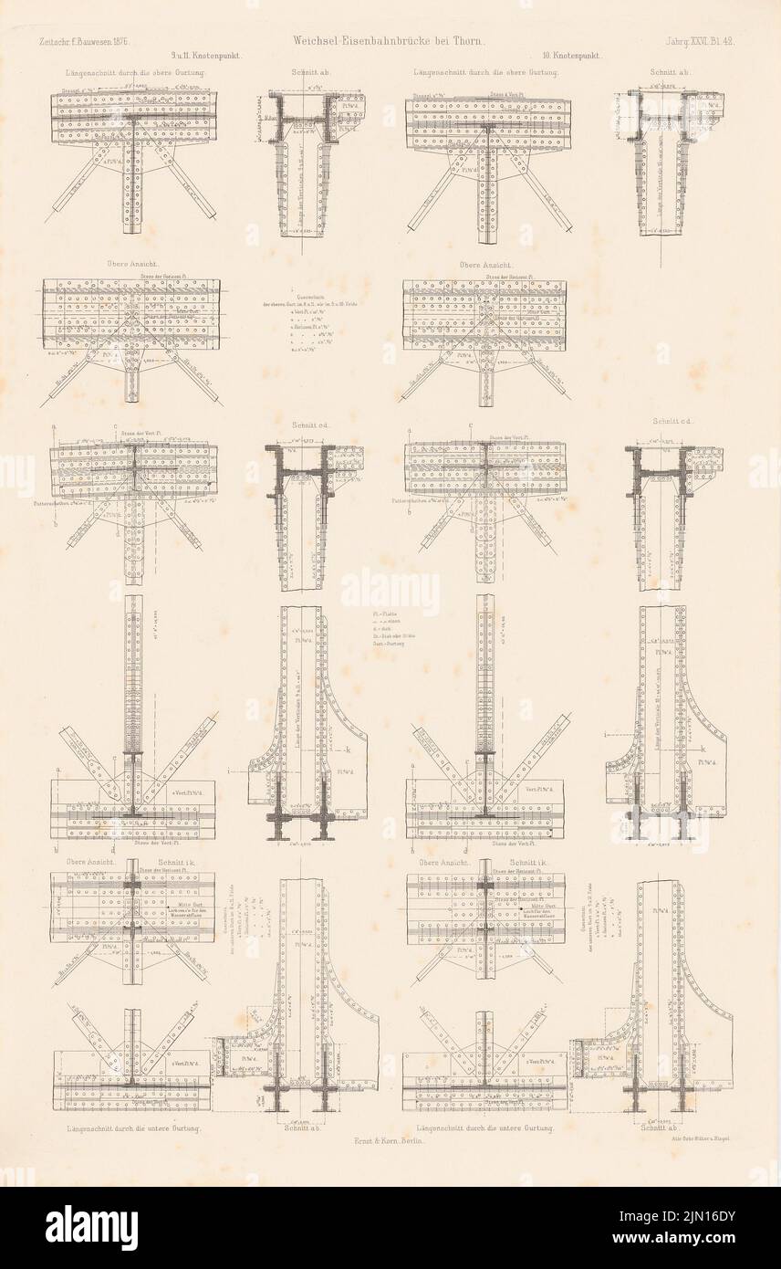 Strack Heinrich (1841-1912), Thorn-Insterburger Bahn. Weichselbrücke bei Thorn. (Aus: Atlas zur Zeitschrift für Gebäude, hrsg. v. F. Endell, Jg. 26, 1876.) (1876-1876): Details. Stich auf Papier, 45,5 x 29,9 cm (inklusive Scankanten) Strack Heinrich (1841-1912): Thorn-Insterburger Eisenbahn. Weichselbrücke, Thorn. (Aus: Atlas zur Zeitschrift für Bauwesen, hrsg. v. F. Endell, Jg. 26, 1876) Stockfoto