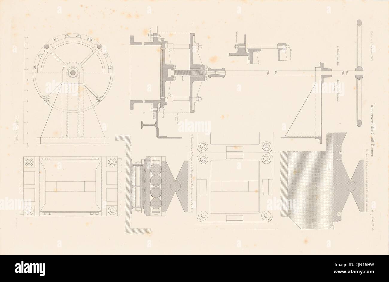 N.N., Wasserwerk, Bremen. (Aus: Atlas zur Zeitschrift für Gebäude, hrsg. v. F. Endell, Jg. 26, 1876.) (1876-1876): Details. Stich auf Papier, 29,7 x 45,3 cm (einschließlich Scankanten) N.N. : Wasserwerk, Bremen. (Aus: Atlas zur Zeitschrift für Bauwesen, hrsg. v. F. Endell, Jg. 26, 1876) Stockfoto