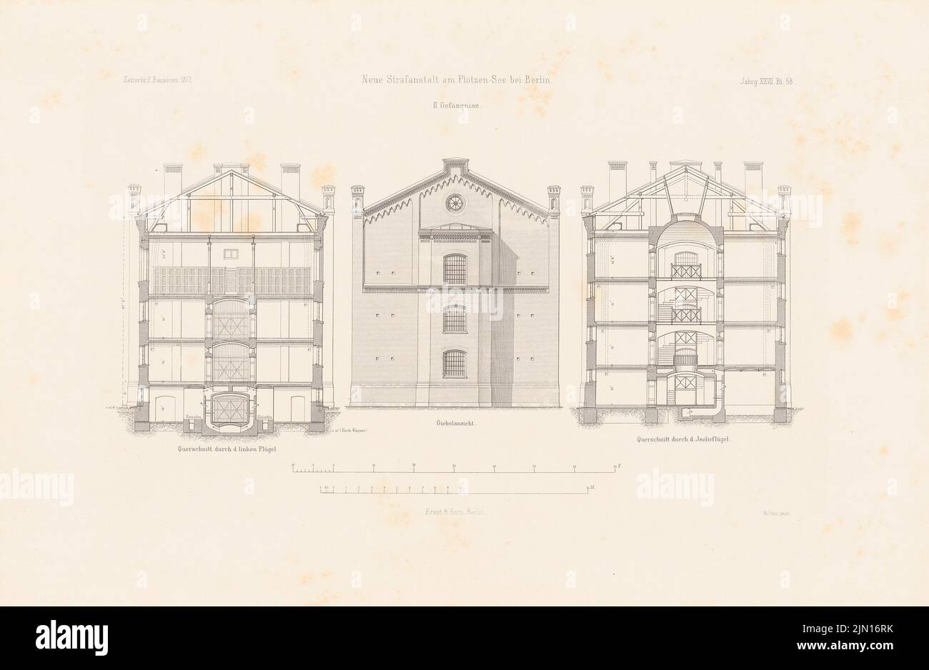 N.N., Neue Kunzte Plötzensee, Berlin. (Aus: Atlas zur Zeitschrift für Gebäude, hrsg. v. F. Endell, geboren 27, 1877.) (1877-1877): Blick von der Gießseite, Querschnitte im Gefängnis. Stich auf Papier, 29,8 x 45,6 cm (inklusive Scan-Kanten) Spieker Paul (1826-1896): Strafgefängnis Plötzensee, Berlin-Charlottenburg. (Aus: Atlas zur Zeitschrift für Bauwesen, hrsg. v. F. Endell, Jg. 27, 1877) Stockfoto