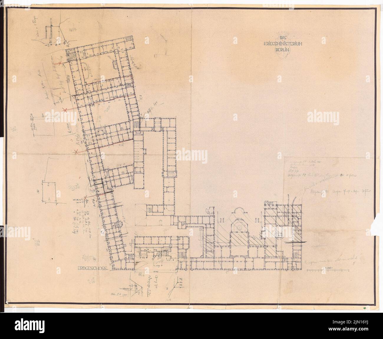 Drewitz Wilhelm (1806-1888), Reichsluftfahrtministerium, Berlin (Vorgängergebäude): Ehemaliges Kriegsministerium: Gesamtkomplex: Grundriss EG 1: 250. Bleistift, Farbstift über einem Bruch auf der Schachtel, 90,2 x 110,7 cm (inklusive Scankante). Architekturmuseum der Technischen Universität Berlin Inv. Nr. 53221. Drewitz Wilhelm (1806-1888): Reichsluftfahrtministerium, Berlin (Vorgängerbauten): ehemaliges Kriegsministerium Stockfoto