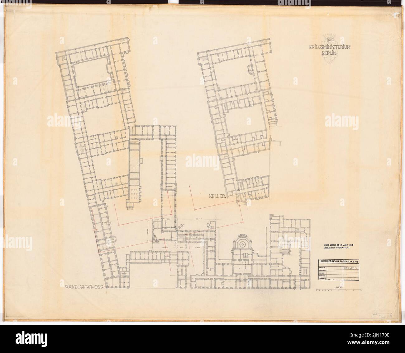 Drewitz Wilhelm (1806-1888), Reichsluftfahrtministerium in Berlin (Vorgängergebäude): Ehemaliges Kriegsministerium (1845-1890): Gesamtkomplex: Grundrisse KG, Grundgeschoss 1: 250. Bleistift, Buntstift auf Transparent, 87,5 x 108,8 cm (inklusive Scankanten) Drewitz Wilhelm (1806-1888): Reichsluftfahrtministerium, Berlin (Vorgängerbauten): ehemaliges Kriegsministerium Stockfoto