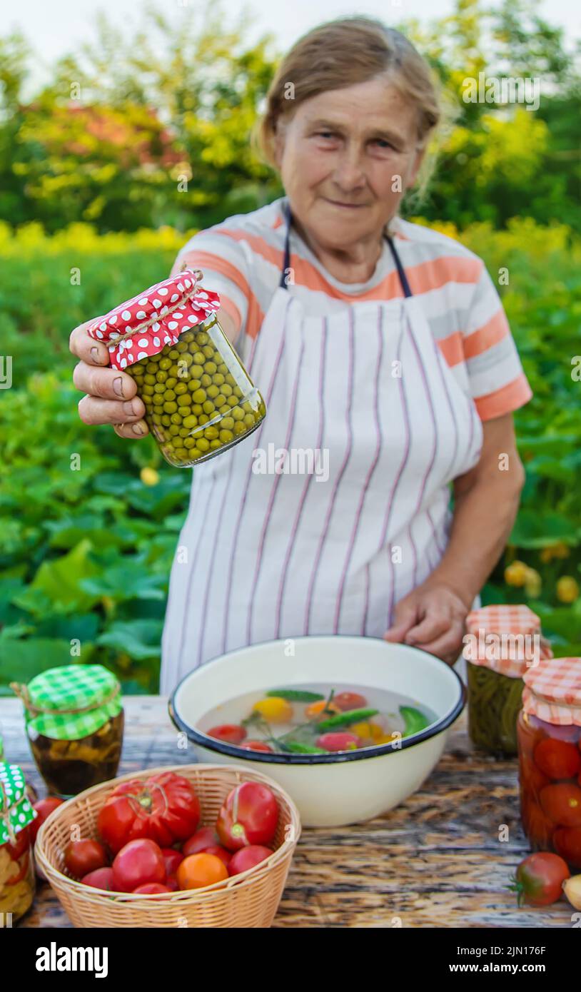 Ältere Frau, die Gemüse in Gläsern konservieren. Selektiver Fokus. Essen. Stockfoto