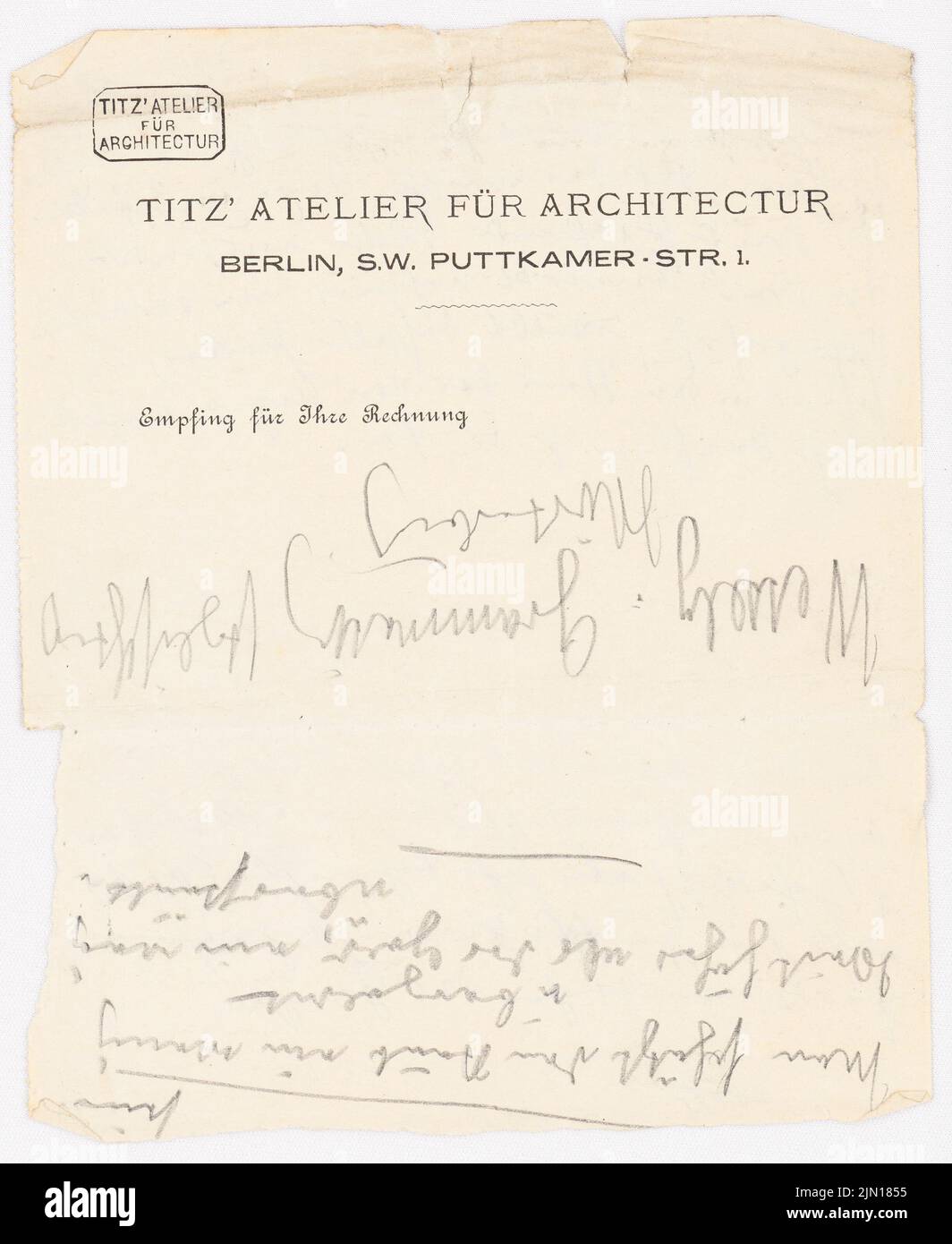 Titz Oskar (1845-1887), Rechnungsbogen (ohne Dat.): Rechnungsbogen mit Notierung und Adresse des Ateliers. Bleistiftdruck, 18,1 x 14,8 cm (inklusive Scankanten) Titz Oskar (1845-1887): Rechnungsblatt Stockfoto