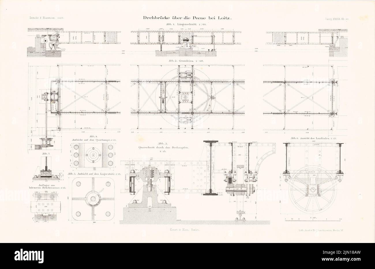 N.N., über die Peene, Loitz. (Aus: Atlas zur Zeitschrift für Bauwesen, Hrsg. v. Ministerium für öffentliche Arbeit, Jg. 39, 1889) (1889-1889): Grundriß, Aussicht, Schnitte, Details. Lithographie auf Papier, 29,7 x 46 cm (einschließlich Scankanten) N.N. : Drehbrücke über die Peene, Loitz. (Aus: Atlas zur Zeitschrift für Bauwesen, hrsg. v. Ministerium der öffentlichen Arbeiten, Jg. 39, 1889) Stockfoto