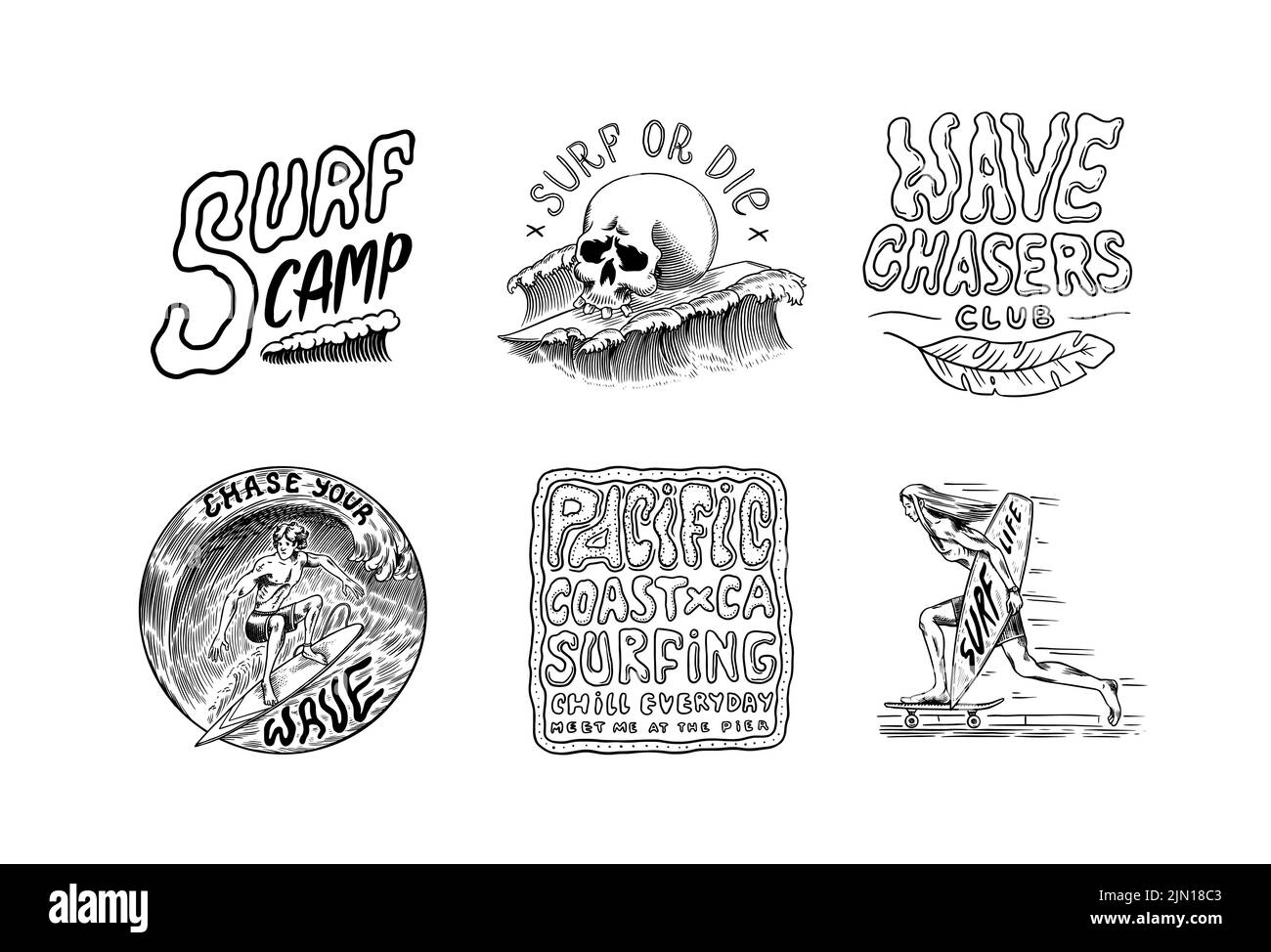 Surfabzeichen, Vintage Surfer Logo. Retro Wave und Handfläche. Sommer California Pins Set. Mann auf dem Surfbrett, Strand und Meer. Emblem mit Gravur handgezeichnet Stock Vektor