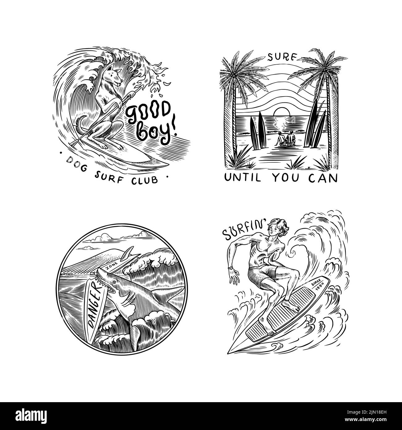 Surfabzeichen, Vintage Surfer Logo. Retro Wave und Handfläche. Sommer California Pins Set. Mann auf dem Surfbrett, Strand und Meer. Emblem mit Gravur handgezeichnet Stock Vektor