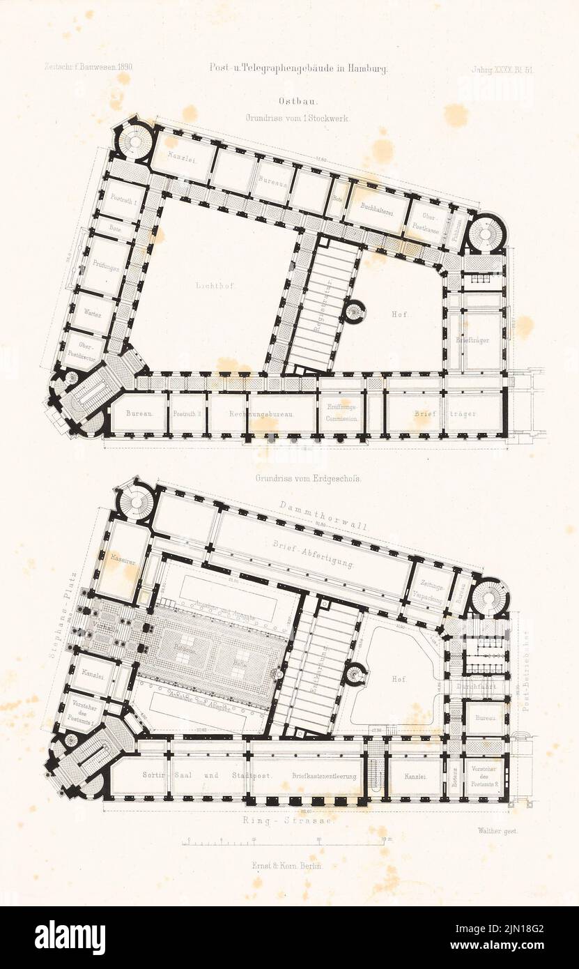 N.N., Post- und Telegrafengebäude, Hamburg. (Aus: Atlas zur Zeitschrift für Bauwesen, Hrsg. v. Ministerium für öffentliche Arbeiten, Jg. 40, 1890) (1890-1890): Grundriss EG, 1. Ei. Stich auf Papier, 45,5 x 29,1 cm (einschließlich Scankanten) N.N. : Post- und Telegraphengebäude, Hamburg. (Aus: Atlas zur Zeitschrift für Bauwesen, hrsg. v. Ministerium der öffentlichen Arbeiten, Jg. 40, 1890) Stockfoto