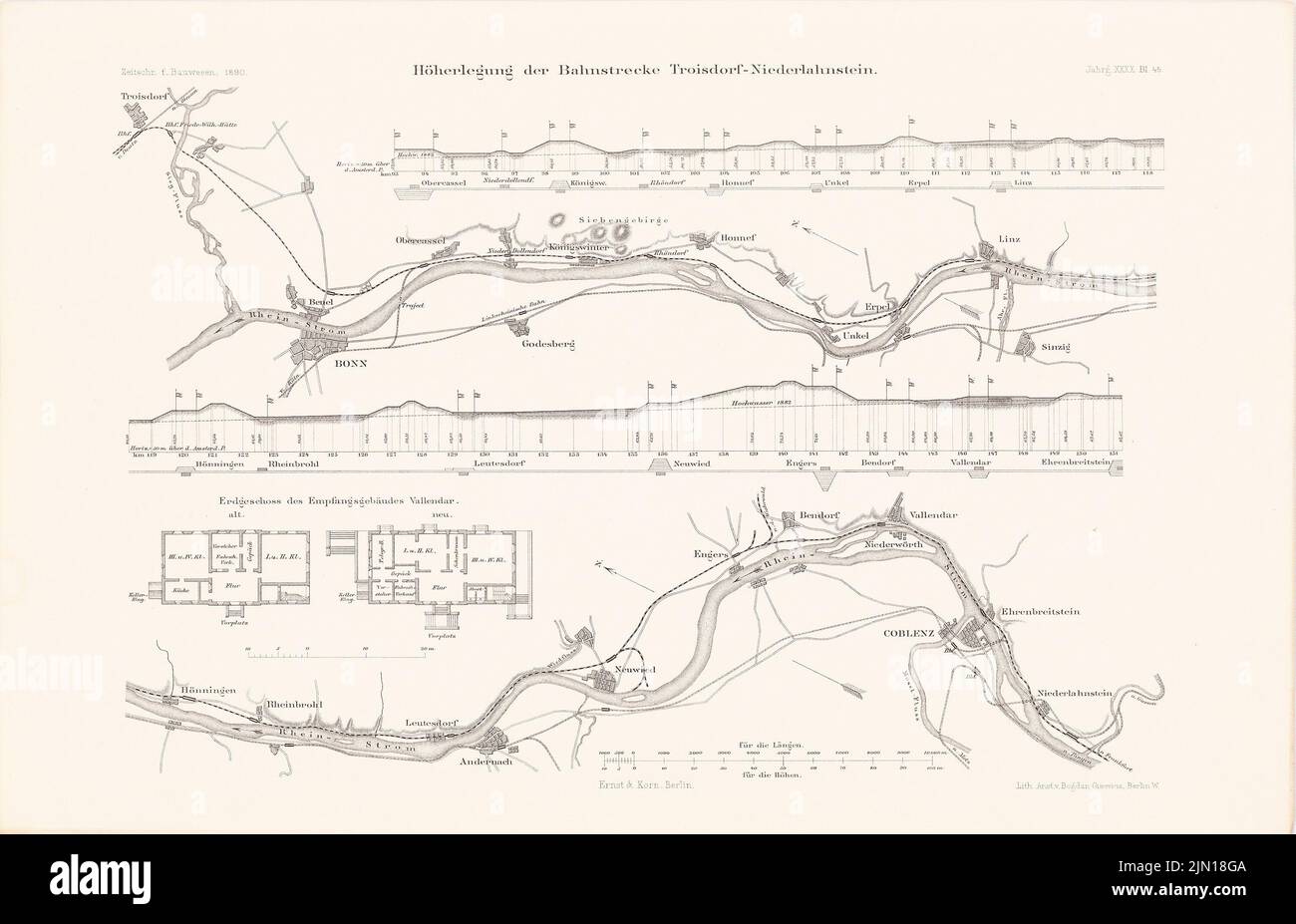 N.N., Lernen der Eisenbahnstrecke Troisdorf-Niederlahnstein. Empfangsgebäude, Vallendar. (Aus: Atlas zur Zeitschrift für Bauwesen, Hrsg. v. Ministerium für (1890-1890): Lagepläne, Schnitte, Grundriß Vallendar. Lithographie auf Papier, 29,8 x 46,3 cm (inkl. Scan-Kanten) N.N. : Höherlegung der Bahnstrecke Troisdorf-Niederlahnstein. Empfangsgebäude, Vallendar. (Aus: Atlas zur Zeitschrift für Bauwesen, hrsg. v. Ministerium der öffentlichen Arbeiten, Jg. 40, 1890) Stockfoto