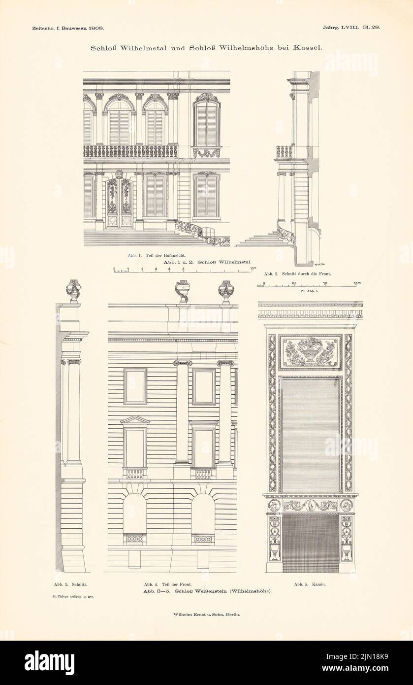 N.N., Schloss Wilhelmstal in Kassel. Schloss Wilhelmshöhe in Kassel. (Aus: Atlas zur Zeitschrift für Bauwesen, Hrsg. v. Ministerium für öffentliche Arbeit (1908-1908): Fassadenschnitte, Details. Druck auf Papier, 46,1 x 29,7 cm (inkl. Scan-Kanten) N.N. : Schloss Wilhelmstal, Kassel. Schloss Wilhelmshöhe, Kassel. (Aus: Atlas zur Zeitschrift für Bauwesen, hrsg. v. Ministerium der öffentlichen Arbeiten, Jg. 58, 1908) Stockfoto