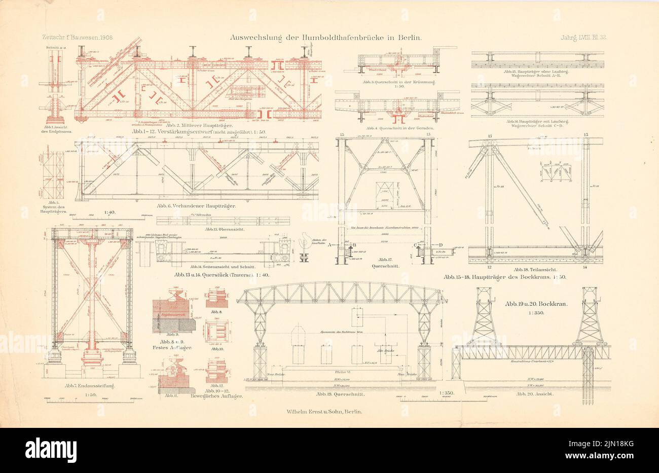 N.N., Brücke über den Humboldthafen, Berlin. (Aus: Atlas zur Zeitschrift für Bauwesen, Hrsg. v. Ministerium für öffentliche Arbeit, Jg. 58, 1908) (1908-1908): Details. Farbdruck auf Papier, 29,8 x 45,9 cm (einschließlich Scankanten) N.N. : Brücke über den Humboldthafen, Berlin. (Aus: Atlas zur Zeitschrift für Bauwesen, hrsg. v. Ministerium der öffentlichen Arbeiten, Jg. 58, 1908) Stockfoto