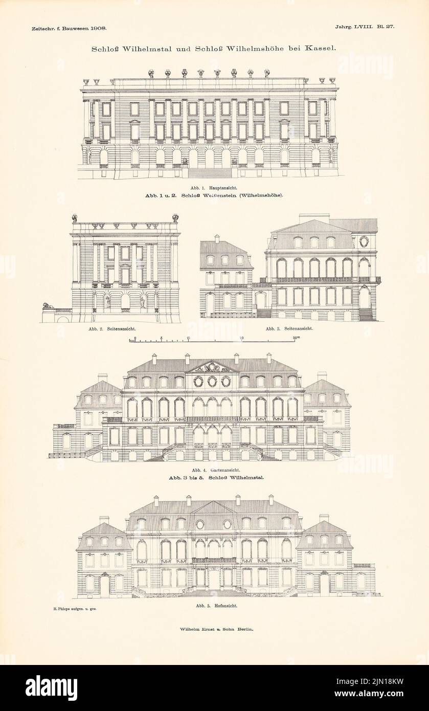 N.N., Schloss Wilhelmstal in Kassel. Schloss Wilhelmshöhe in Kassel. (Aus: Atlas zur Zeitschrift für Bauwesen, Hrsg. v. Ministerium für öffentliche Arbeit (1908-1908): Ansicht von der Hauptseite, Seitenansicht Wilhelmshöhe, Blick von der Gartenseite, Blick vom Hof, Seitenansicht Wilhelmstal. Druck auf Papier, 45, 8 x 29,6 cm (inkl. Scan-Kanten) N.N. : Schloss Wilhelmstal, Kassel. Schloss Wilhelmshöhe, Kassel. (Aus: Atlas zur Zeitschrift für Bauwesen, hrsg. v. Ministerium der öffentlichen Arbeiten, Jg. 58, 1908) Stockfoto