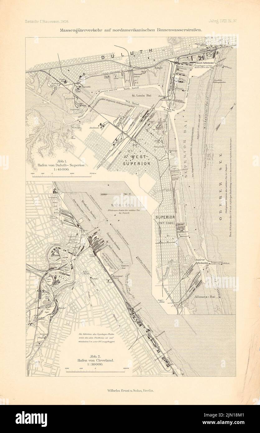 N.N., Massengüterverkehr auf nordamerikanischen Binnenwasserstraßen. (Aus: Atlas zur Zeitschrift für Bauwesen, Hrsg. v. Ministerium für öffentliche Arbeit (1908-1908): Cleveland und Duluth. Druck auf Papier, 45,9 x 29,5 cm (inkl. Scan-Kanten) N.N. : Massengüterverkehr auf nordamerikanischen Binnenwasserstraßen. (Aus: Atlas zur Zeitschrift für Bauwesen, hrsg. v. Ministerium der öffentlichen Arbeiten, Jg. 58, 1908) Stockfoto