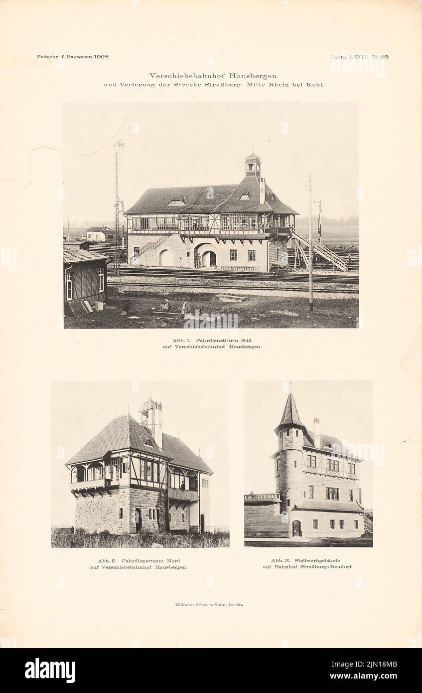 N.N., Schließbahnhof Hausbergen und Verlegung der Straßburger Route nach Kehl. (Aus: Atlas zur Zeitschrift für Bauwesen, Hrsg. v. Ministerium für Öffentlichkeit (1908-1908): Ansichten Hausbergen und Neudorf. Druck auf Papier, 46 x 30 cm (inkl. Scan-Kanten) N.N. : Schiebebahnhof Hausbergen und Verlegung der Strecke Straßburg bis Kehl. (Aus: Atlas zur Zeitschrift für Bauwesen, hrsg. v. Ministerium der öffentlichen Arbeiten, Jg. 58, 1908) Stockfoto