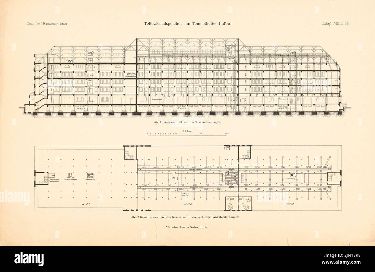 N.N., Teltow-Kanal-Erinnerung am Tempelhofer Hafen, Berlin-Tempelhof. (Aus: Atlas zur Zeitschrift für Bauwesen, Hrsg. v. Ministerium für öffentliche Arbeit, (1908-1908): Grundrissdach, Längsschnitt. Druck auf Papier, 30 x 45,6 cm (inkl. Scan-Kanten) N.N. : Teltowkanalspeicher am Tempelhofer Hafen, Berlin-Tempelhof. (Aus: Atlas zur Zeitschrift für Bauwesen, hrsg. v. Ministerium der öffentlichen Arbeiten, Jg. 58, 1908) Stockfoto