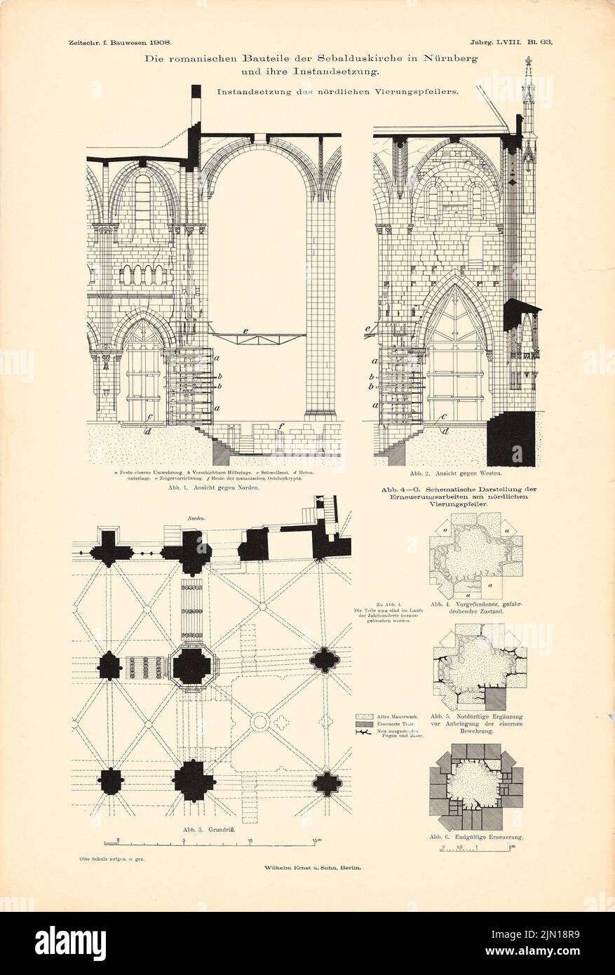 N.N., St. Sebald zu Nürnberg. (Aus: Atlas zur Zeitschrift für Bauwesen, Hrsg. v. Ministerium für öffentliche Arbeit, Jg. 58, 1908) (1908-1908): Grundriß, Innenansichten, Details. Druck auf Papier, 46 x 31,1 cm (einschließlich Scankanten) N.N. : St. Sebald, Nürnberg. (Aus: Atlas zur Zeitschrift für Bauwesen, hrsg. v. Ministerium der öffentlichen Arbeiten, Jg. 58, 1908) Stockfoto