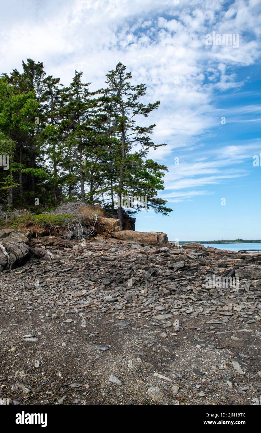 3. Juli 2022. Barnes Island bei Ebbe. Whaleboat Insel in der Ferne. Stockfoto