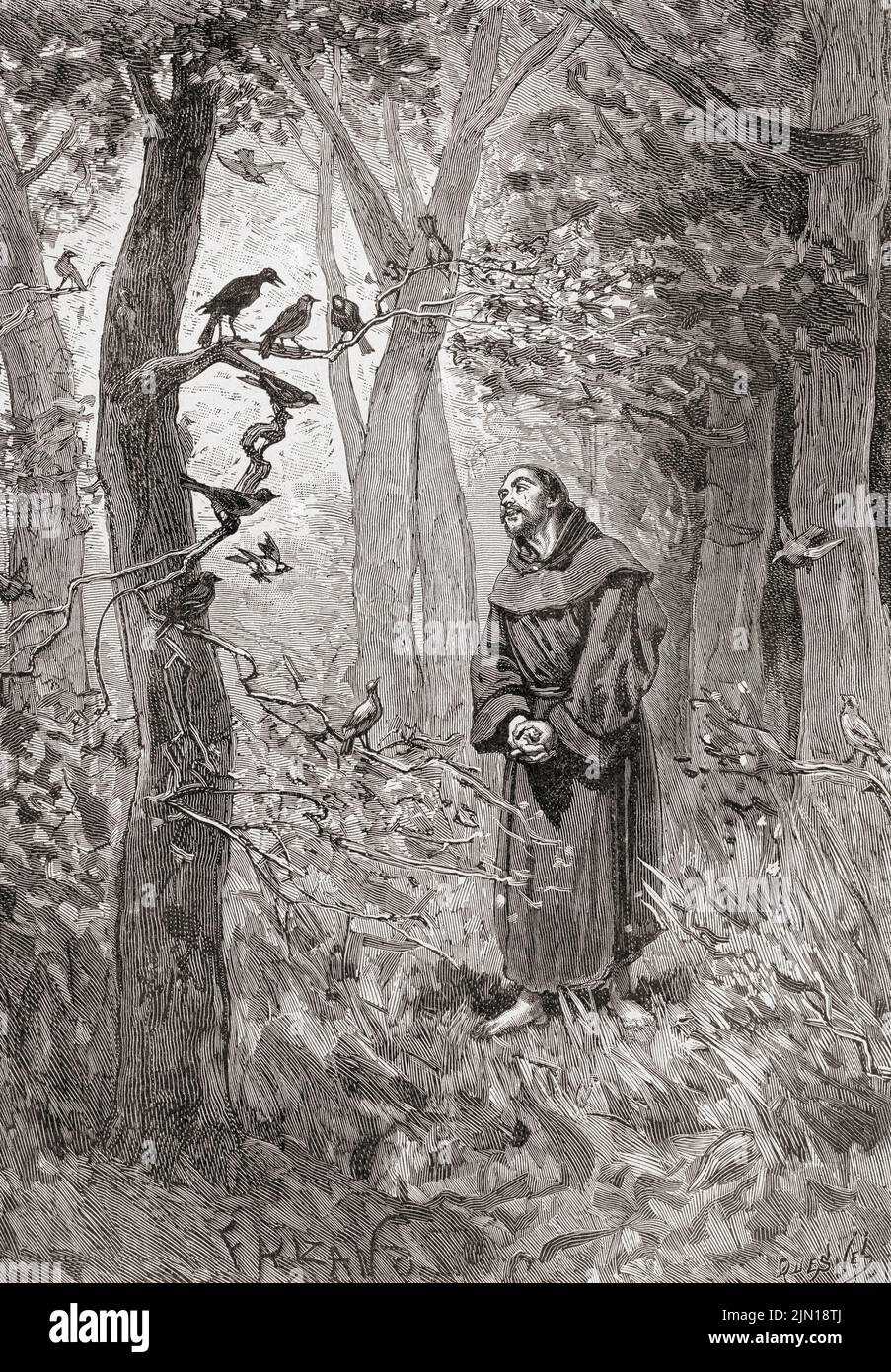 Der heilige Franziskus predigt den Vögeln. Franz von Assisi, geboren Giovanni di Pietro di Bernardone, 1181/1182 – 1226. Italienischer katholischer Mönch, Diakon und Prediger. Aus Histoire de France, veröffentlicht 1855. Stockfoto