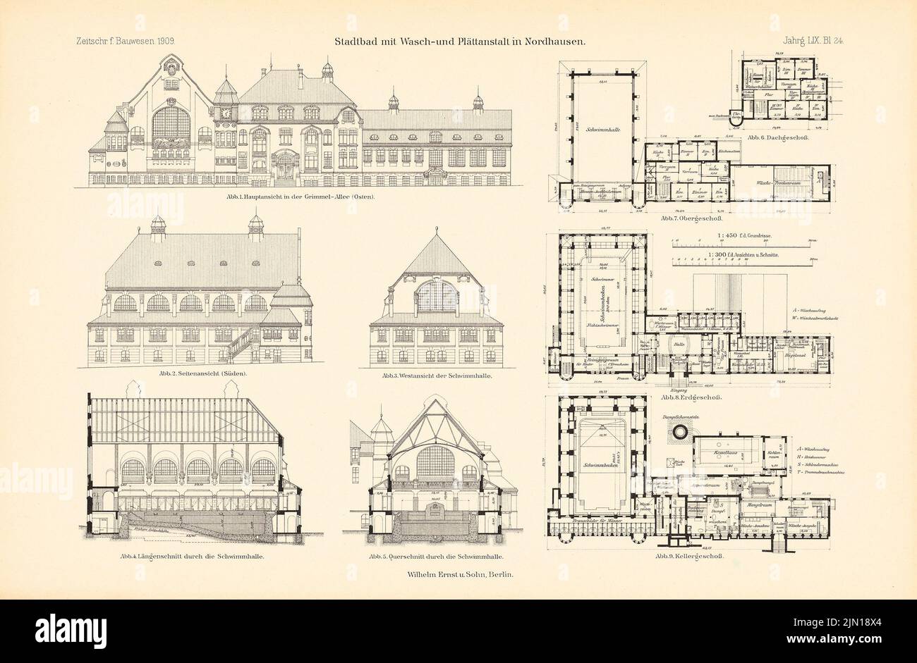 N.N., Stadtbad mit Waschen und Plaistic, Nordhausen. (Aus: Atlas zur Zeitschrift für Bauwesen, Hrsg. v. Ministerium für öffentliche Arbeit, Jg. 59, 19 (1909-1909): Grundriss Keller, EG, 1.. Stock, Blick von der Hauptseite, Seitenansicht, Westansicht. Drucken. Auf Papier, 29,9 x 45,7 cm (einschließlich Scankanten) N.N. : Stadtbad mit Wasch- und Plättanstalt, Nordhausen. (Aus: Atlas zur Zeitschrift für Bauwesen, hrsg. v. Ministerium der öffentlichen Arbeiten, Jg. 59, 1909) Stockfoto