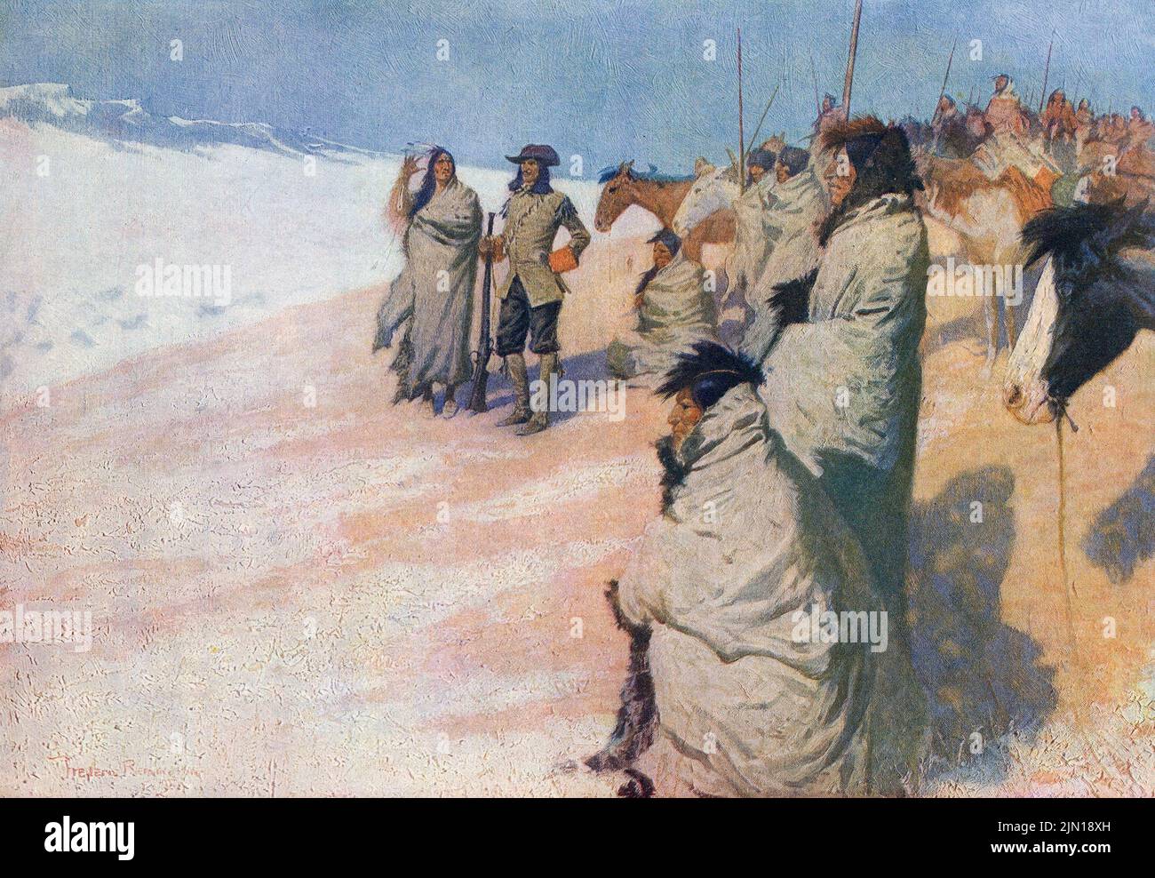 Die Großen Entdecker. La Vérendrye. Nach einem Werk des amerikanischen Künstlers Frederic Sackrider Remington, 1861 – 1909. Dieses Bild ist die Nummer vier in Remington's Great Explorers Serie von 1905. Stockfoto