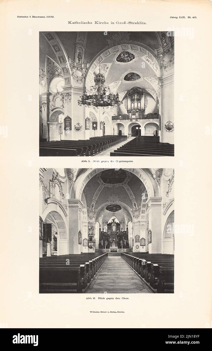 Güldenpfennig G., Katholische Kirche, Groß-Strehlitz. (Aus: Atlas zur Zeitschrift für Bauwesen, Hrsg. v. Ministerium für öffentliche Arbeit, Jg. 59, 1909) (1909-1909): Innenansichten. Druck auf Papier, 45,7 x 29,6 cm (inklusive Scankanten) Güldenpfennig G. : Katholische Kirche, Groß-Strehlitz. (Aus: Atlas zur Zeitschrift für Bauwesen, hrsg. v. Ministerium der öffentlichen Arbeiten, Jg. 59, 1909) Stockfoto